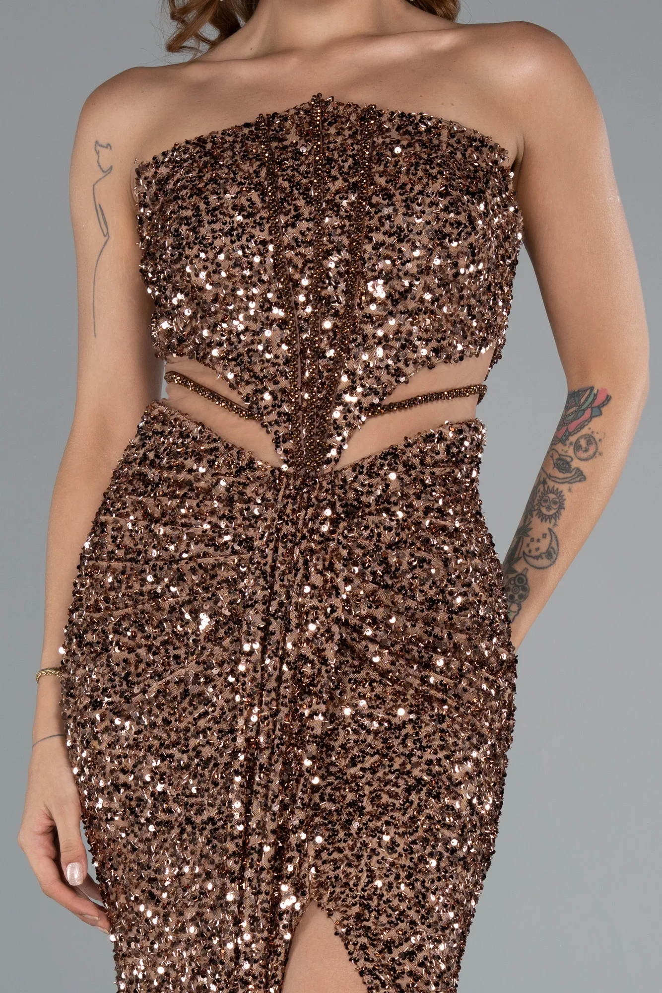 Copper-Strapless Slit Long Sequined Special Design Evening Gown ABU4799