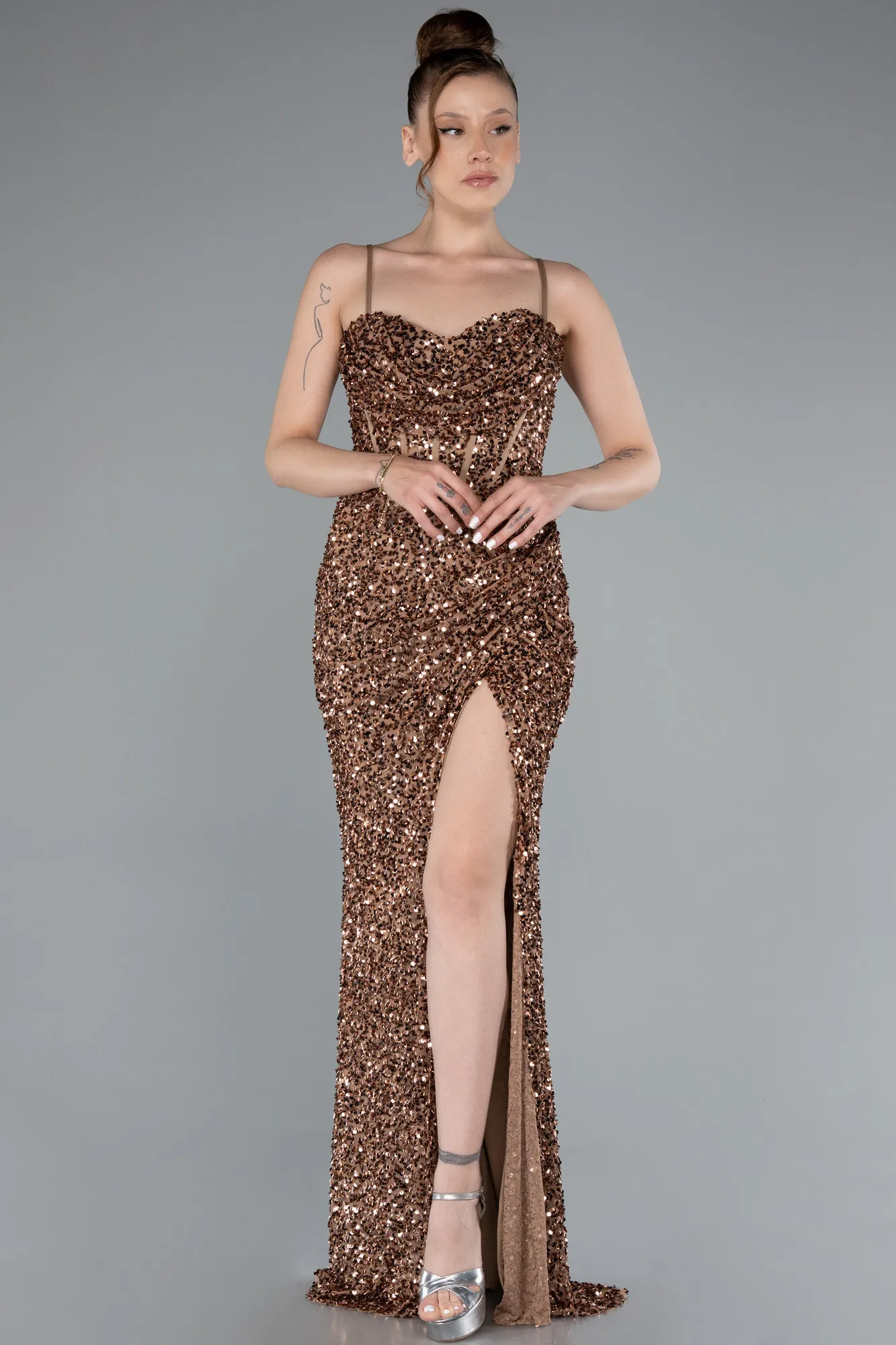 Copper-Strapless Underwire Slit Long Sequin Evening Gown ABU4842