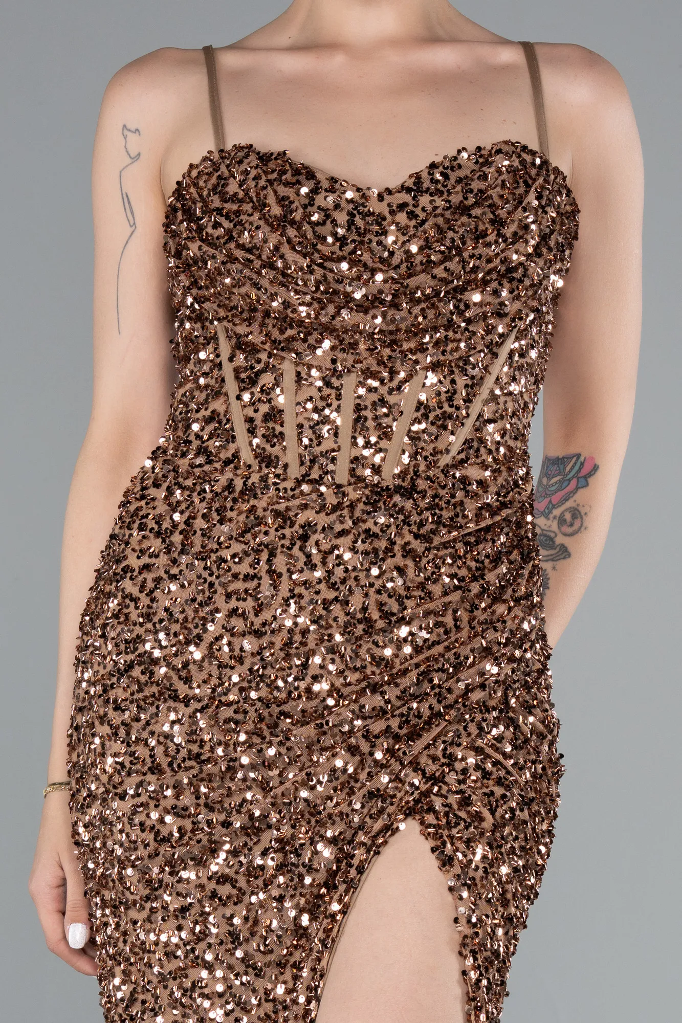 Copper-Strapless Underwire Slit Long Sequin Evening Gown ABU4842