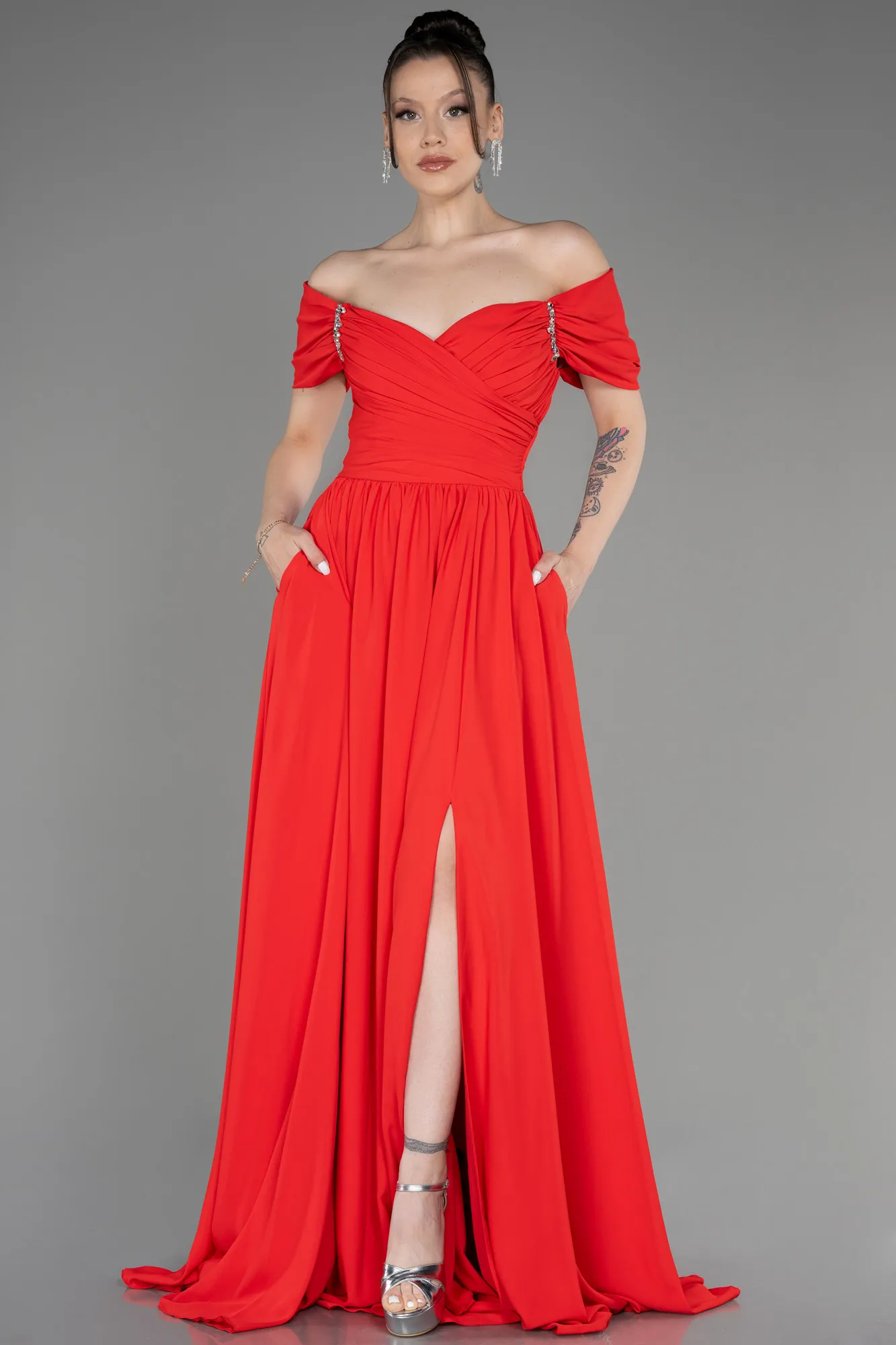 Coral-Long Chiffon Evening Dress ABU3827