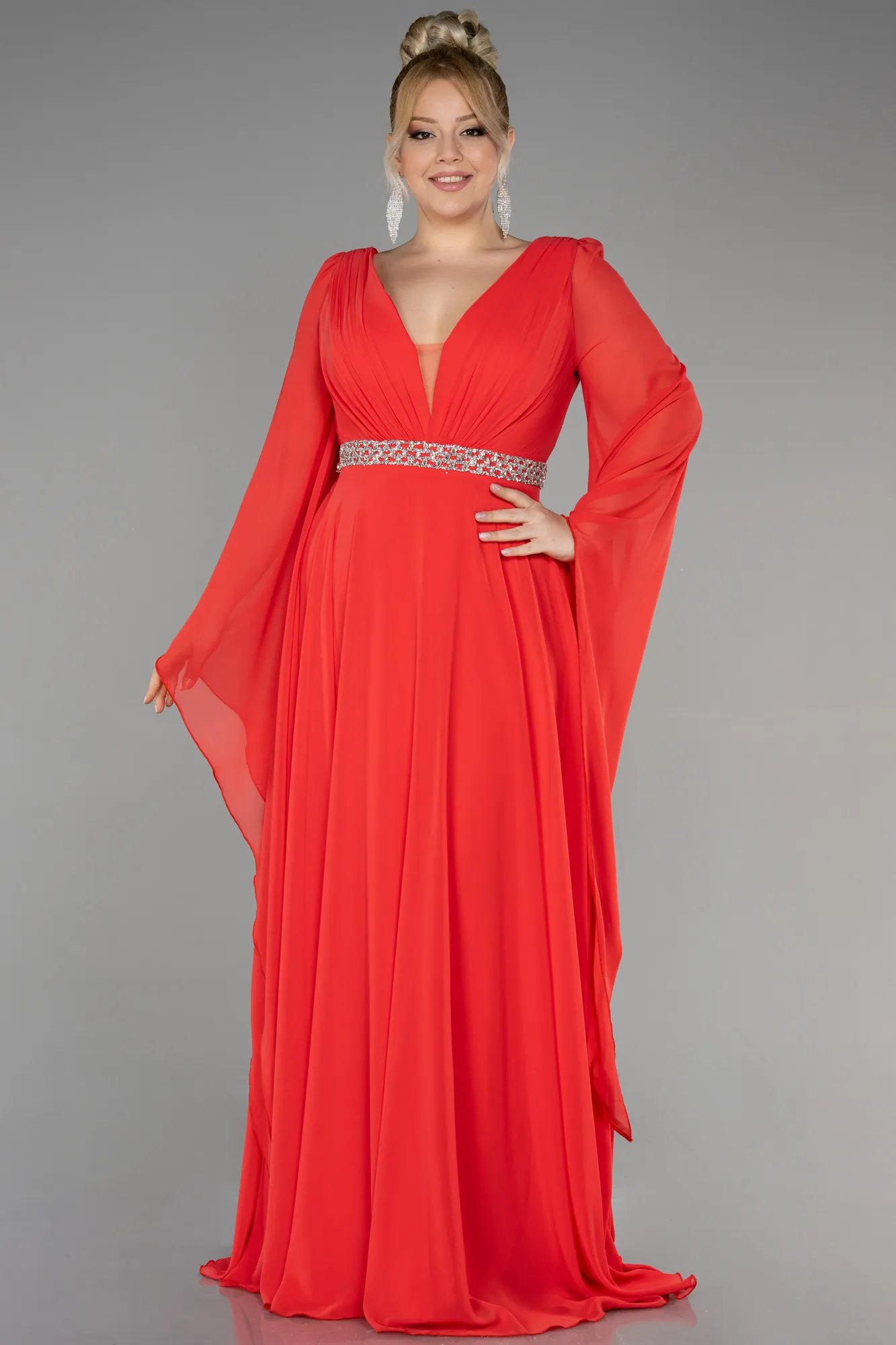 Coral-Long Chiffon Plus Size Evening Dress ABU3543
