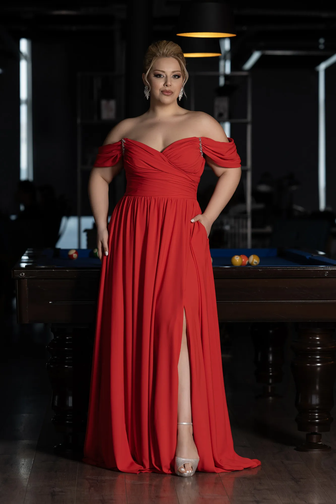 Coral-Boat Neck Long Chiffon Plus Size Prom Dress ABU3738