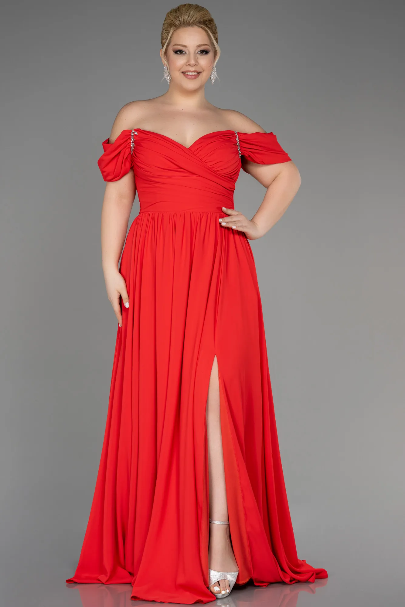 Coral-Boat Neck Long Chiffon Plus Size Prom Dress ABU3738