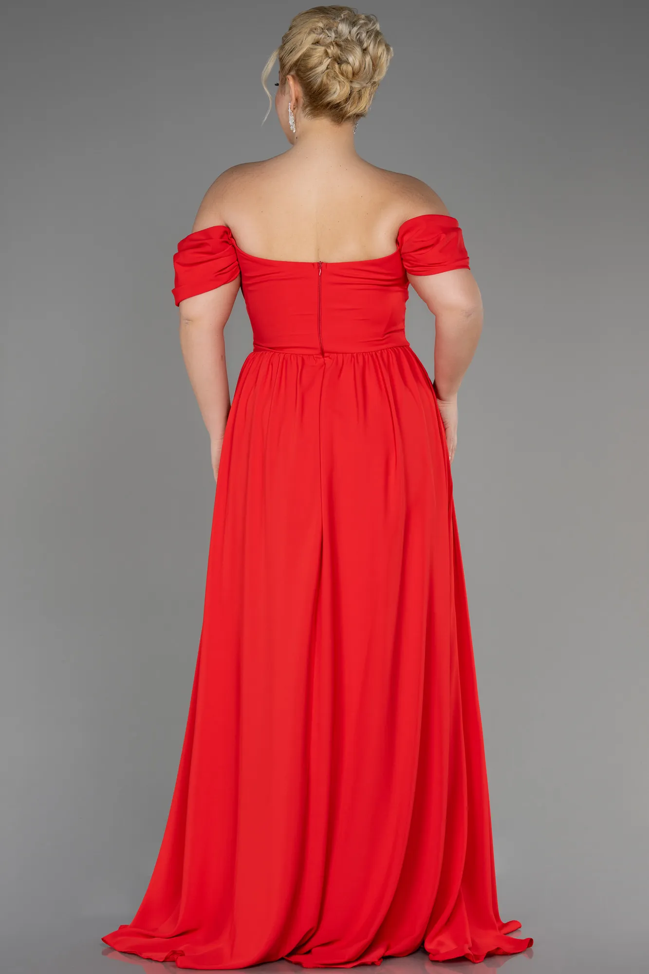 Coral-Boat Neck Long Chiffon Plus Size Prom Dress ABU3738