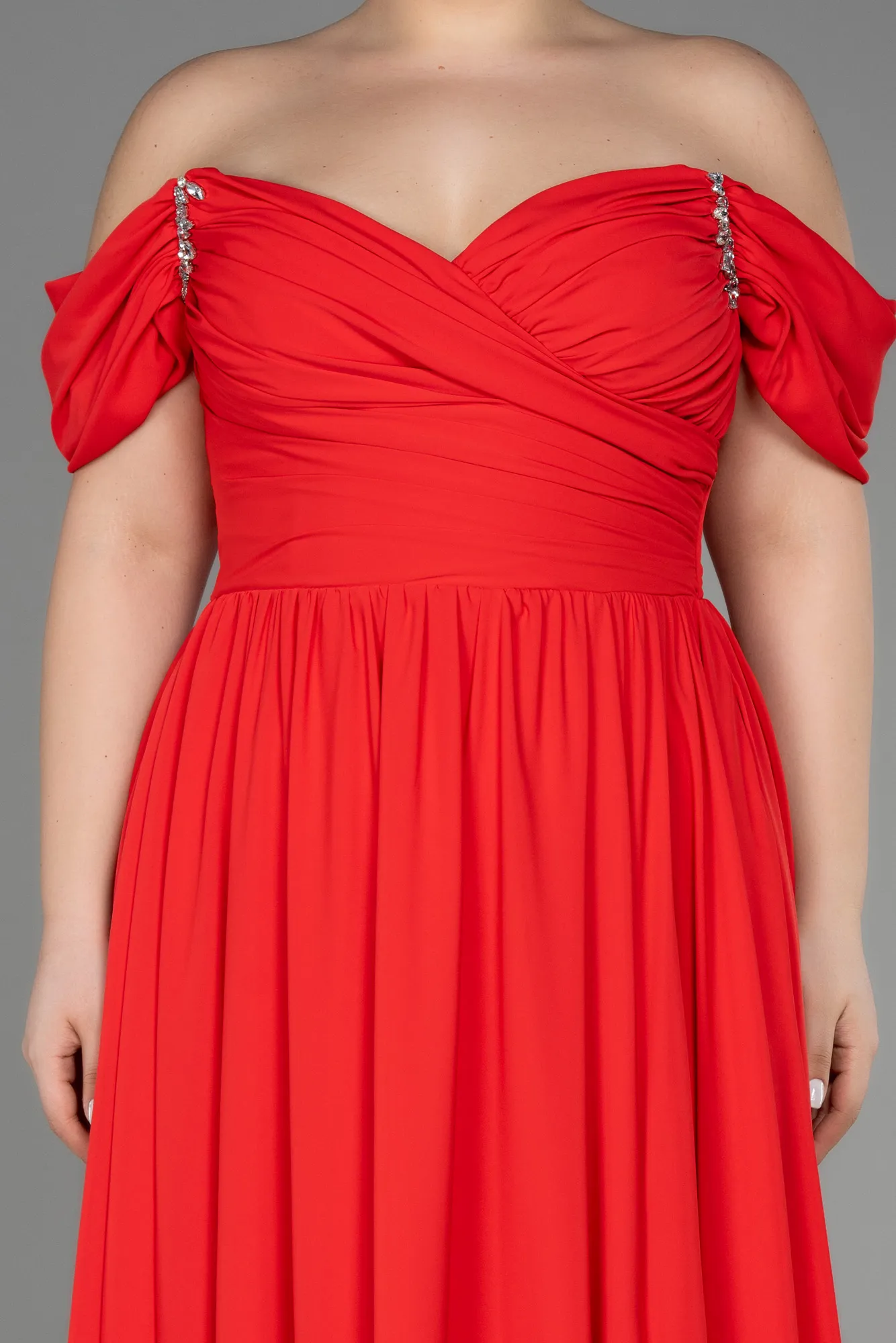 Coral-Boat Neck Long Chiffon Plus Size Prom Dress ABU3738