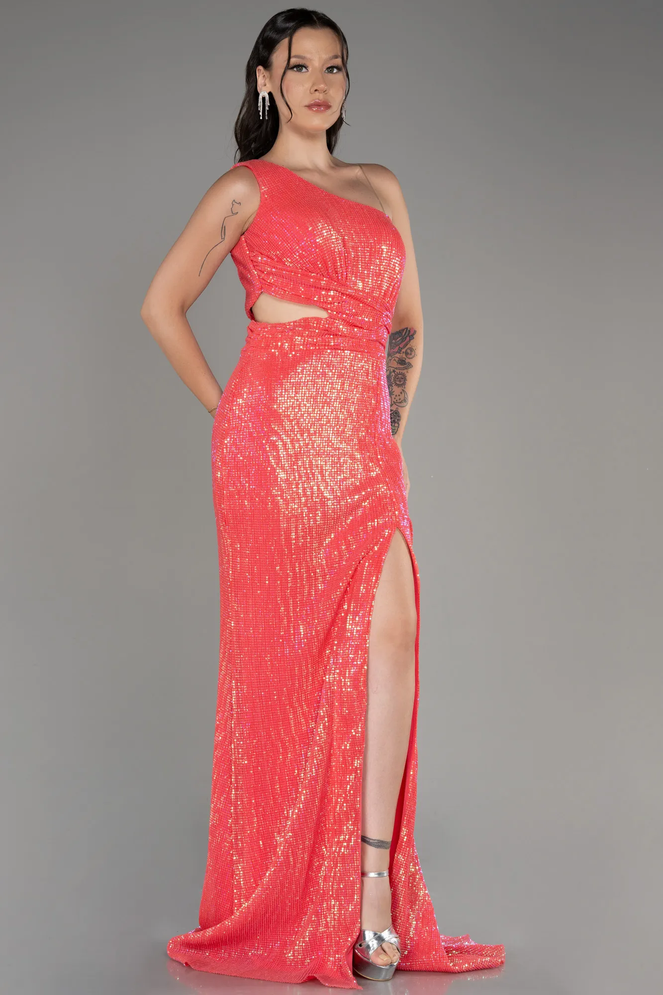 Coral-Long Scaly Evening Dress ABU3231