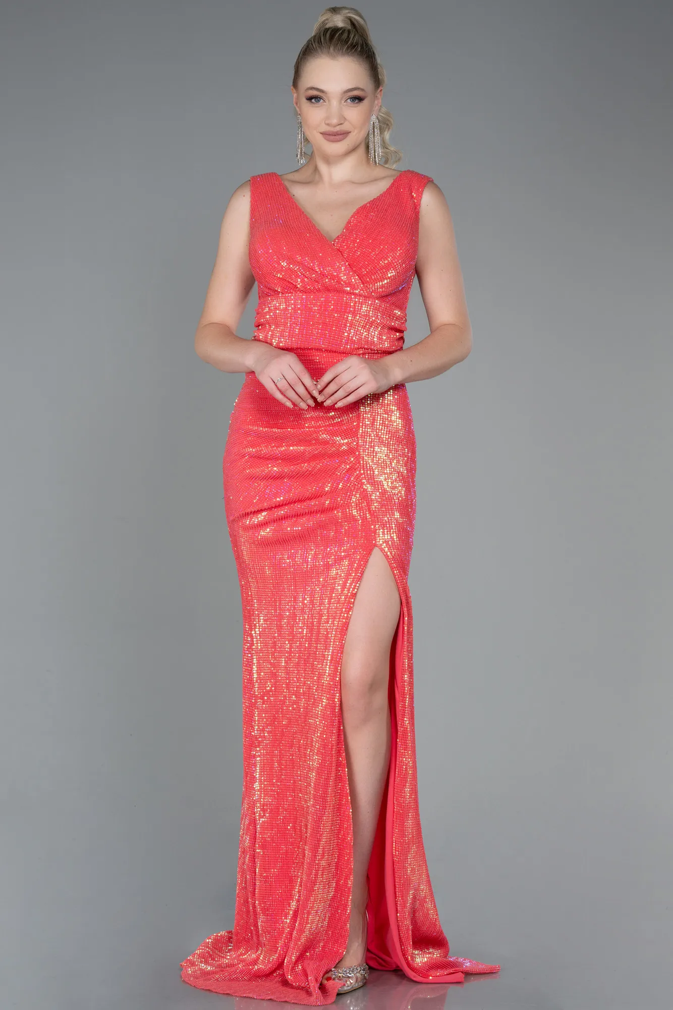Coral-Long Scaly Evening Dress ABU3274
