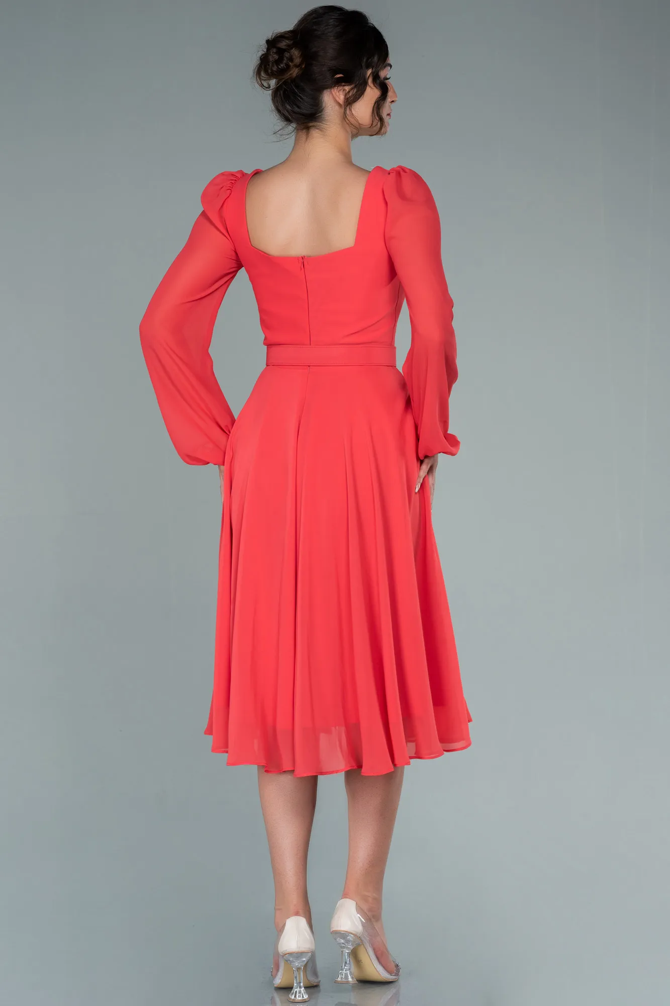 Coral-Midi Chiffon Invitation Dress ABK1441