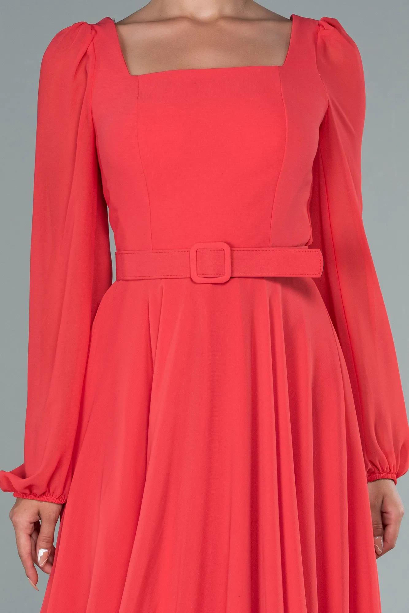 Coral-Midi Chiffon Invitation Dress ABK1441