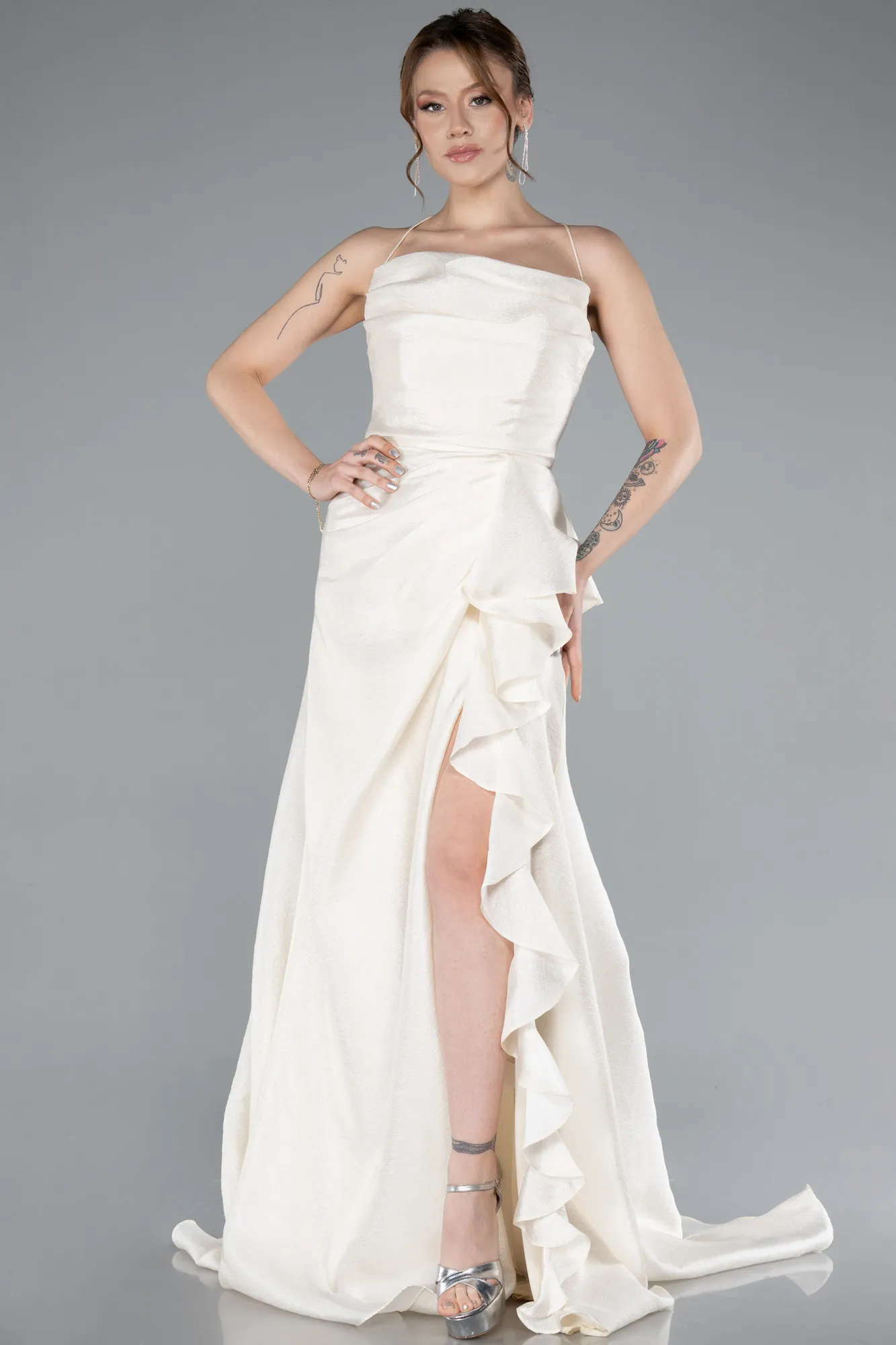 Cream-Cowl Collar Slit Long Prom Dress ABU4785