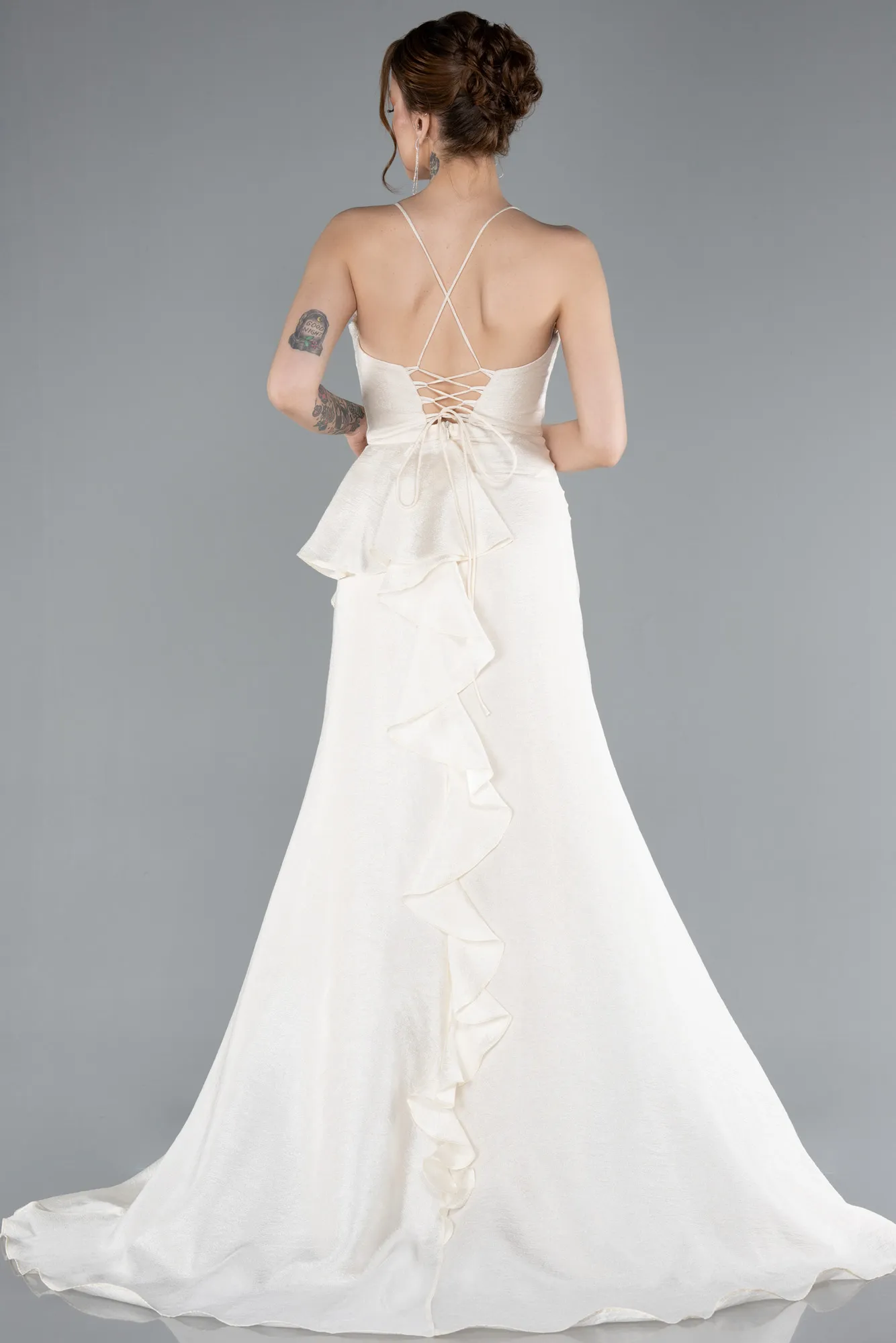 Cream-Cowl Collar Slit Long Prom Dress ABU4785