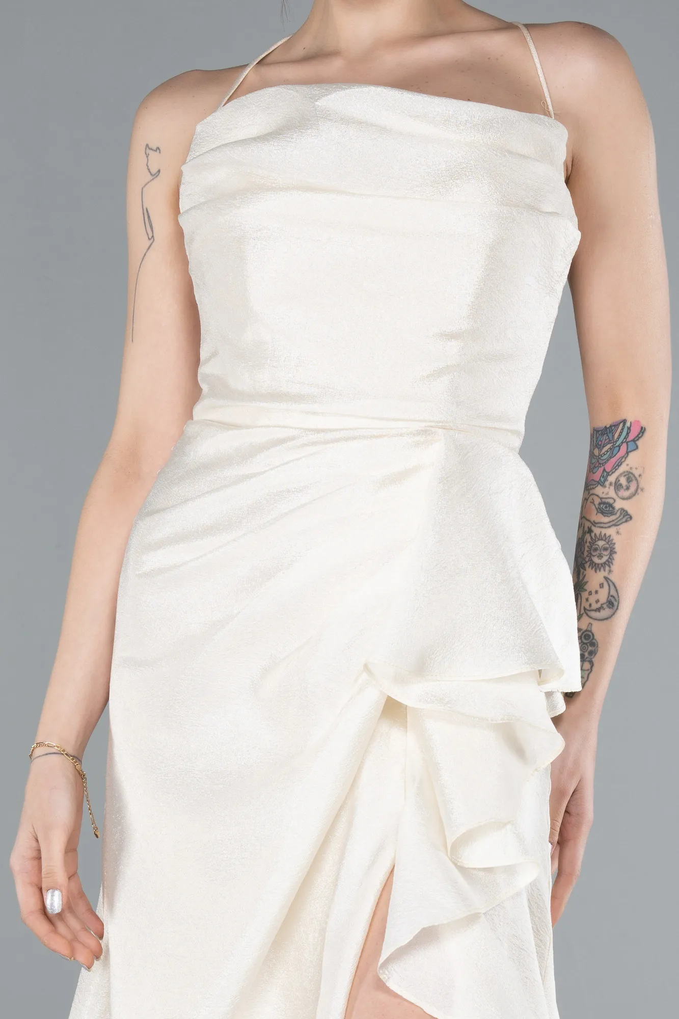 Cream-Cowl Collar Slit Long Prom Dress ABU4785