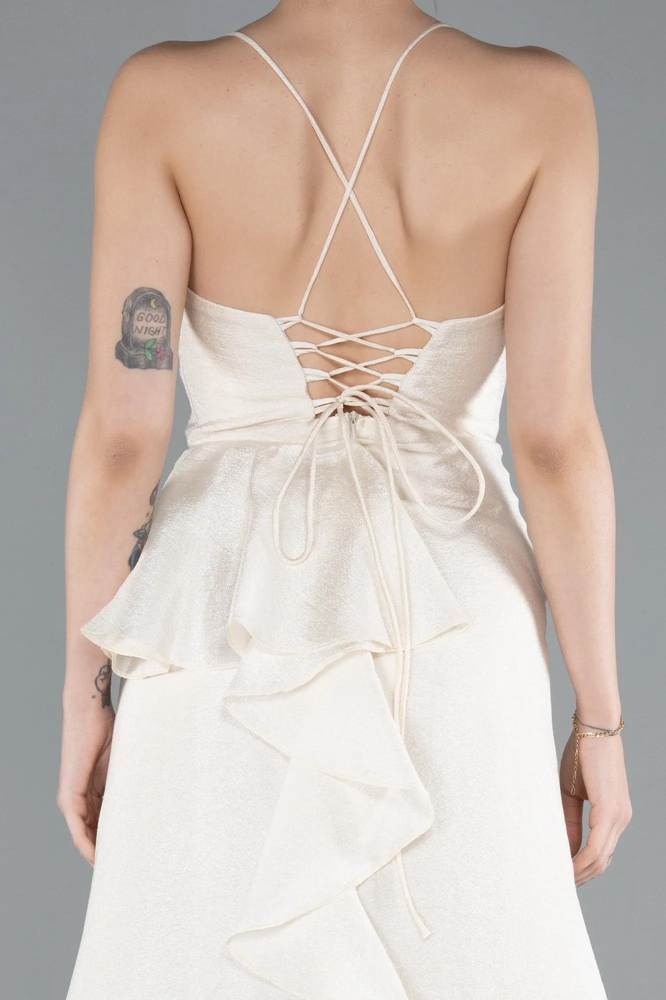 Cream-Cowl Collar Slit Long Prom Dress ABU4785