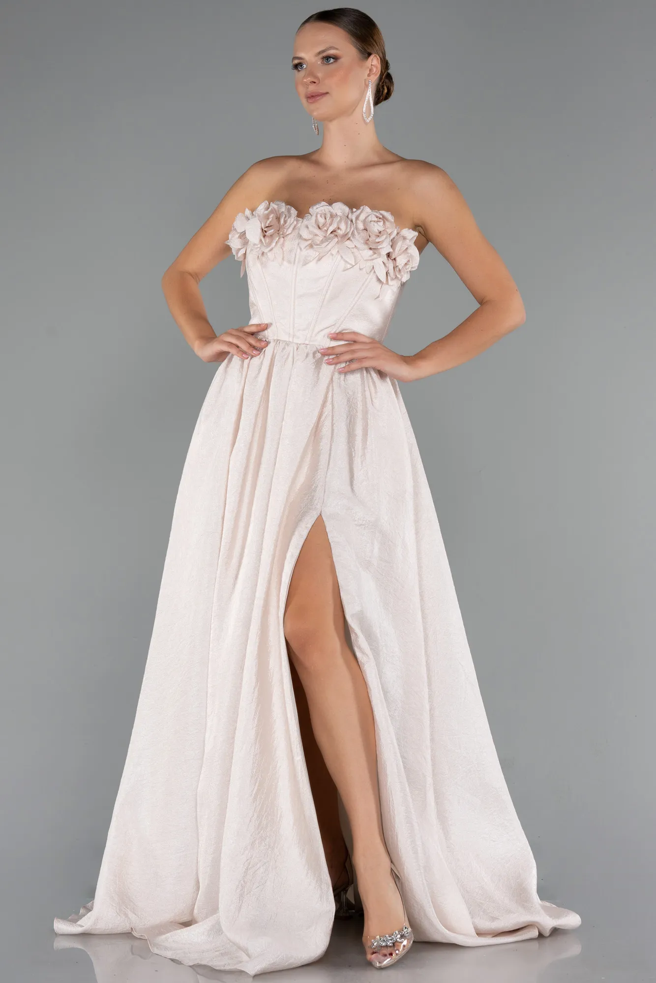 Cream-Floral Strapless Collar Slit Long Prom Gown ABU4337