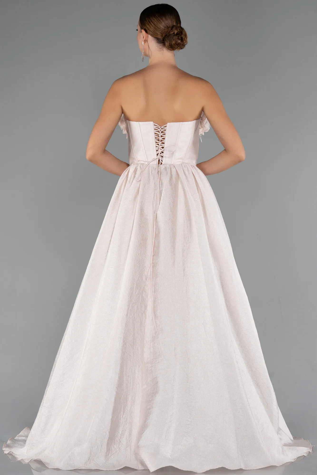 Cream-Floral Strapless Collar Slit Long Prom Gown ABU4337