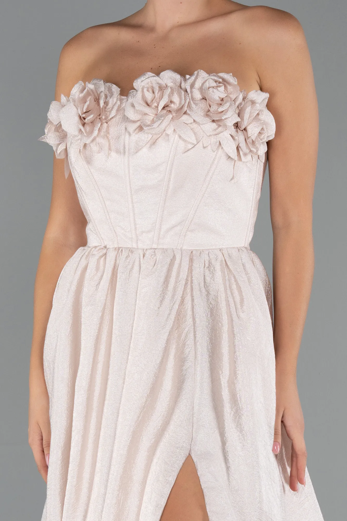 Cream-Floral Strapless Collar Slit Long Prom Gown ABU4337