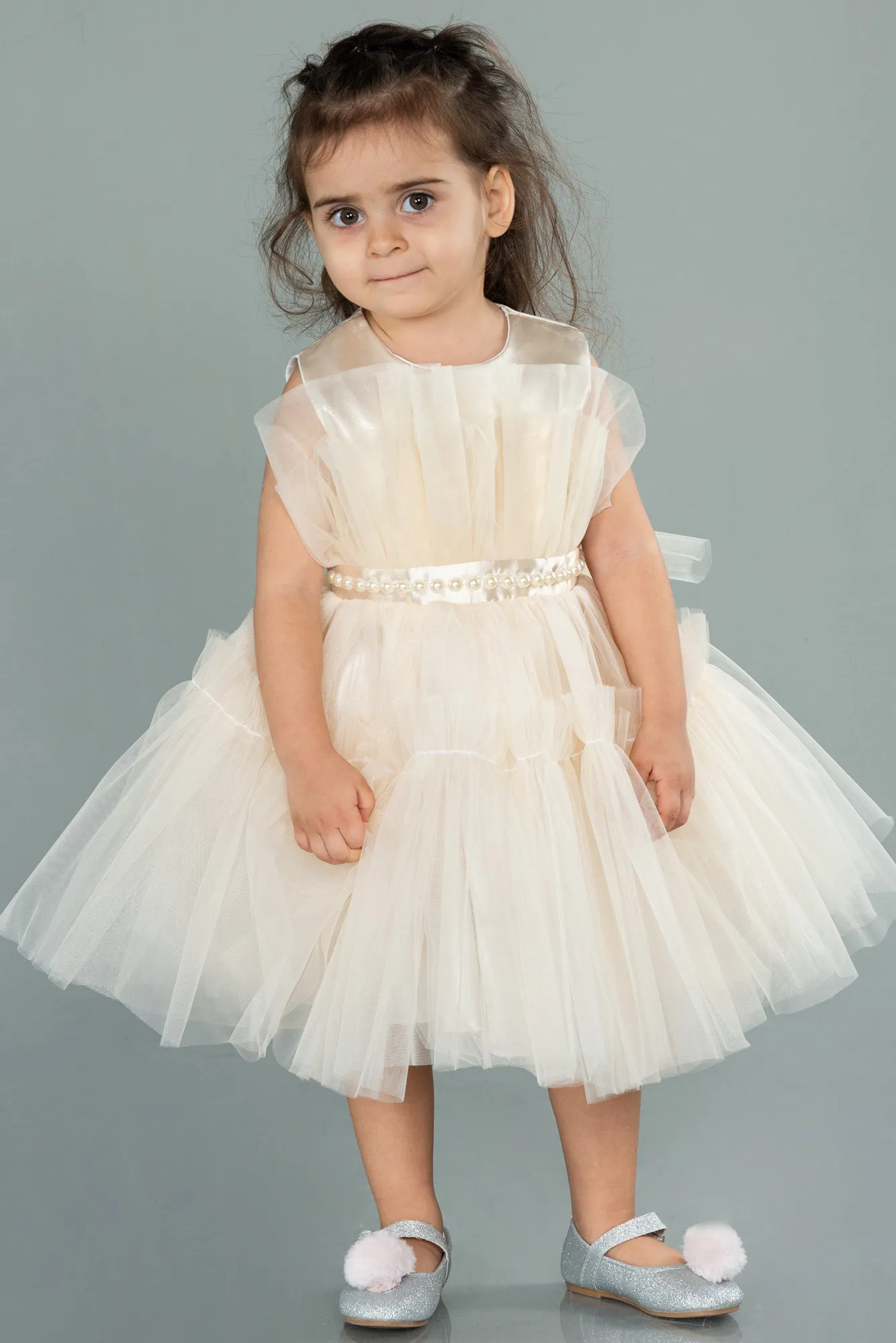 Cream-Front Short Back Long Girl Dress ABO078