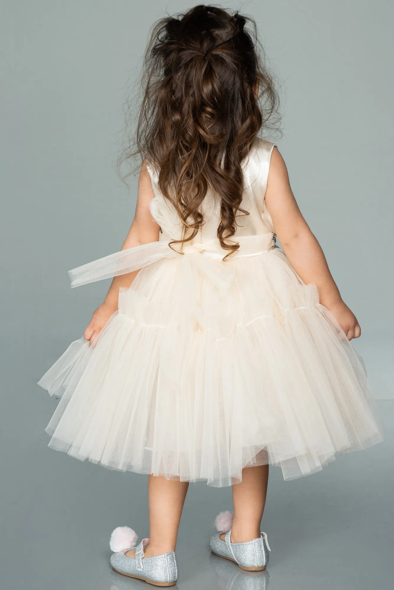 Cream-Front Short Back Long Girl Dress ABO078