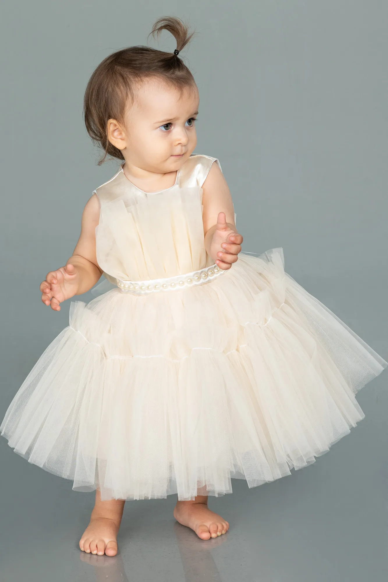 Cream-Front Short Back Long Girl Dress ABO078