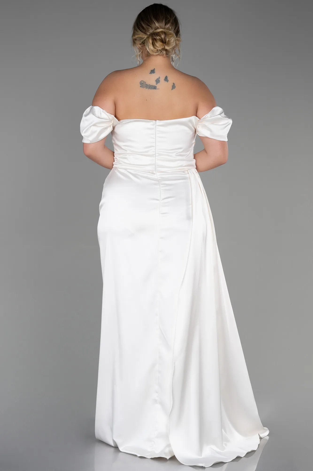 Cream-Long Satin Plus Size Evening Dress ABU1626