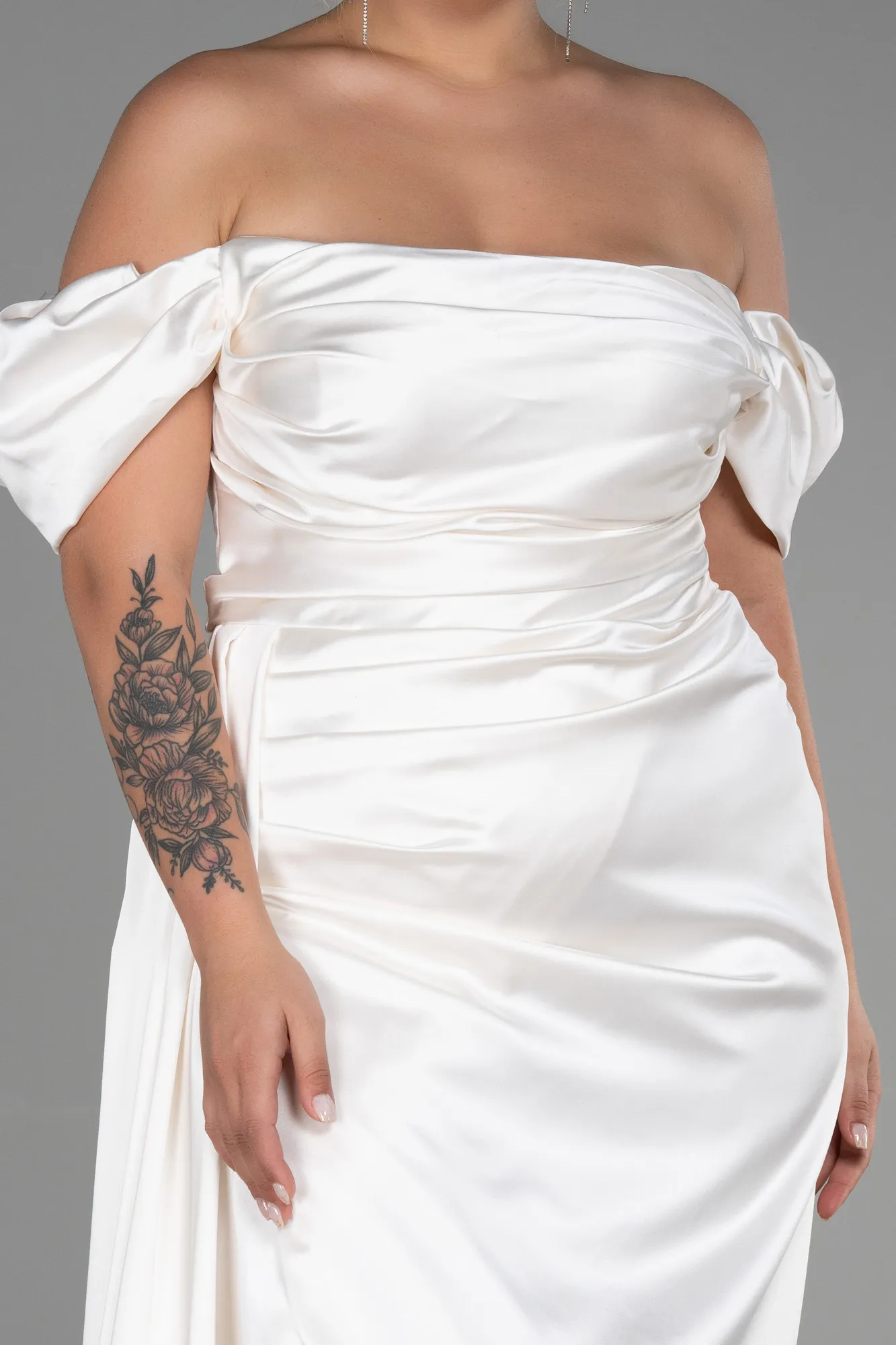 Cream-Long Satin Plus Size Evening Dress ABU1626