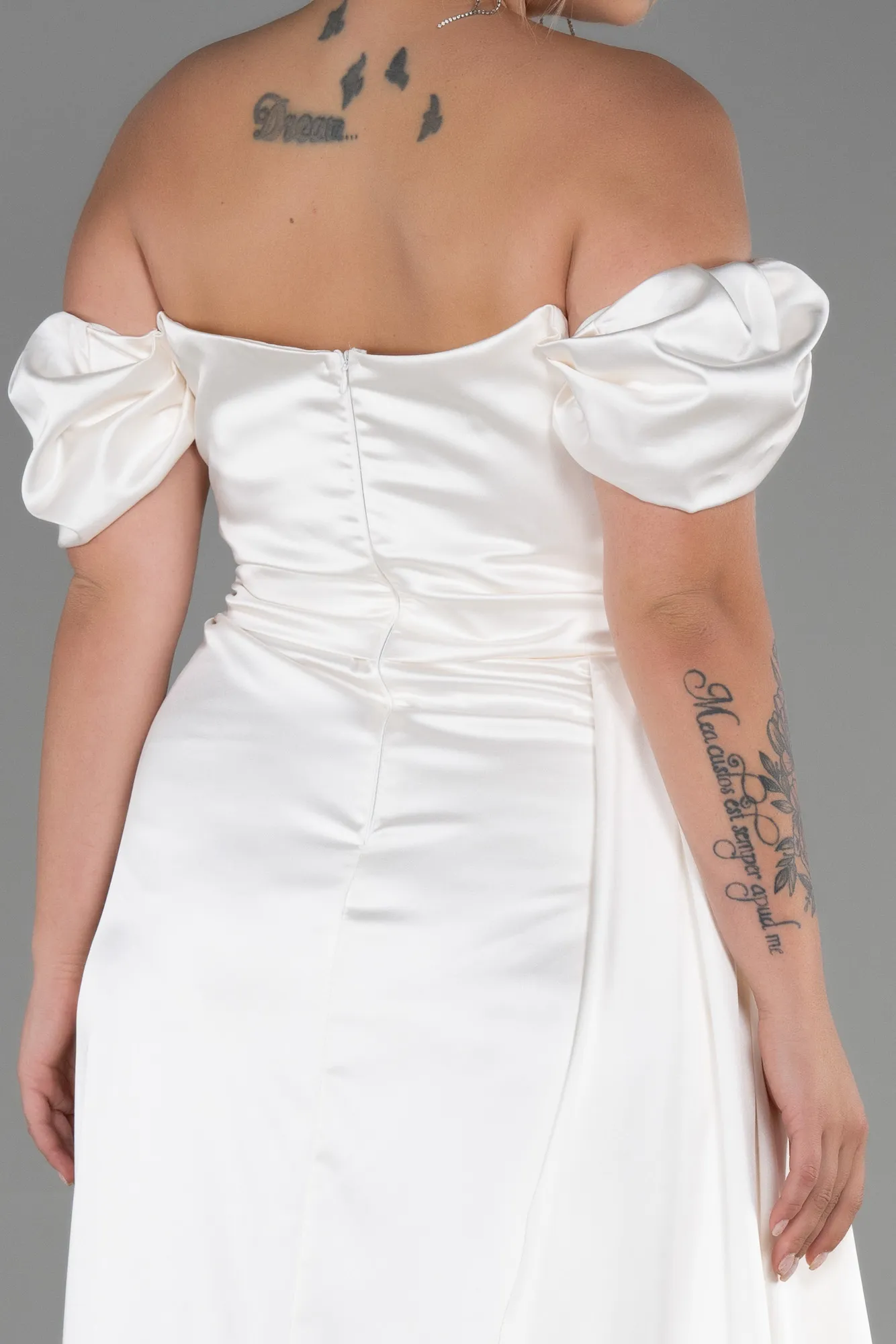 Cream-Long Satin Plus Size Evening Dress ABU1626