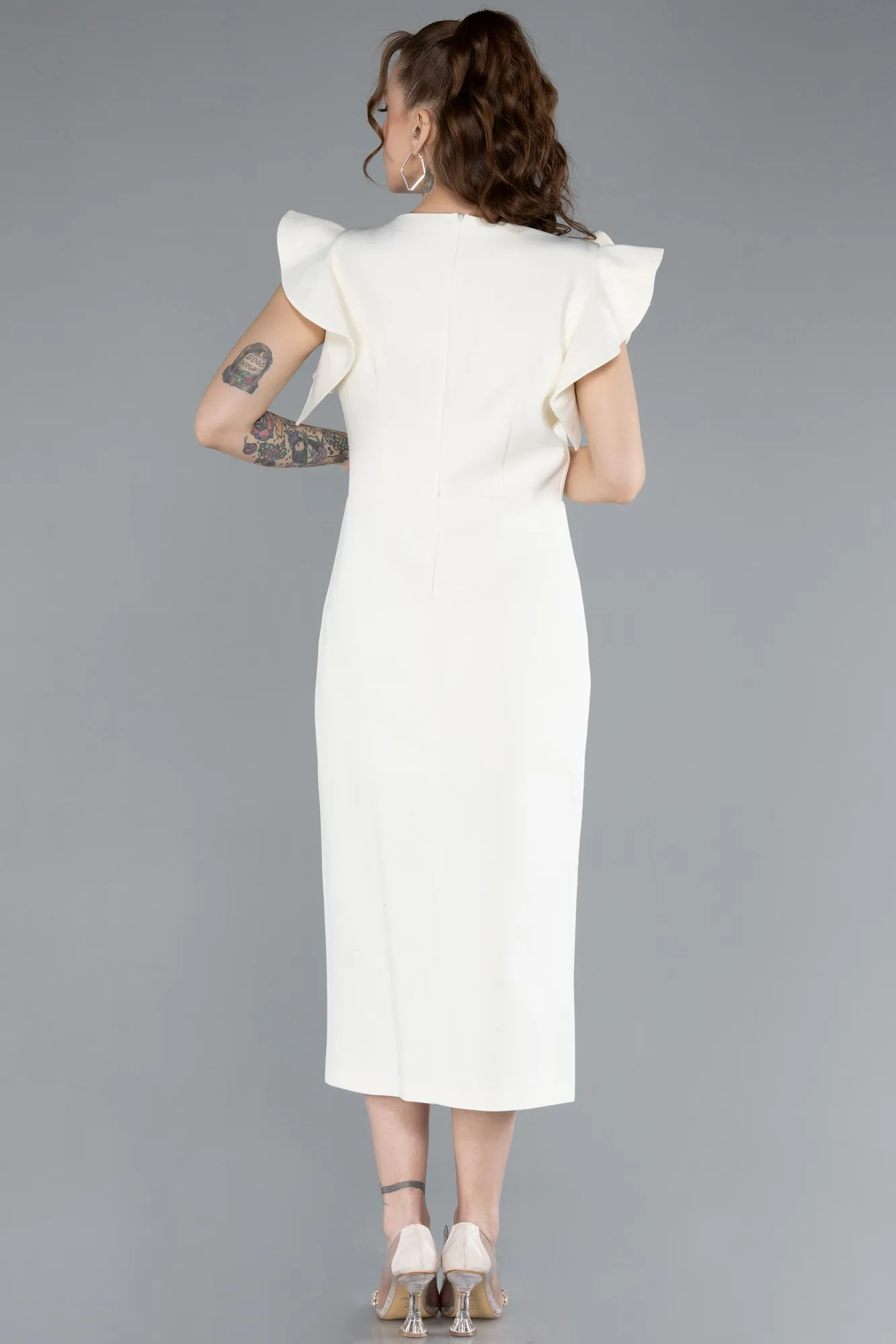 Cream-Slit Midi Cocktail Dress ABK2277