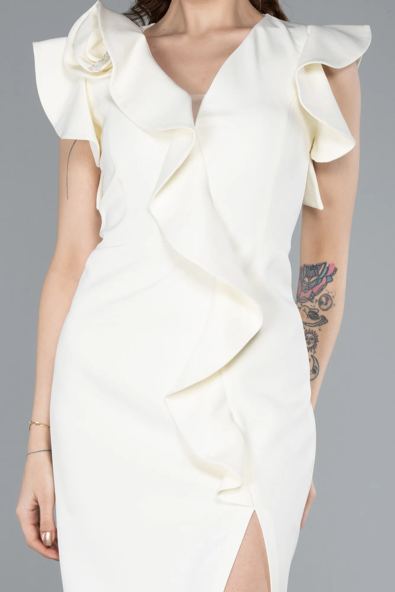 Cream-Slit Midi Cocktail Dress ABK2277