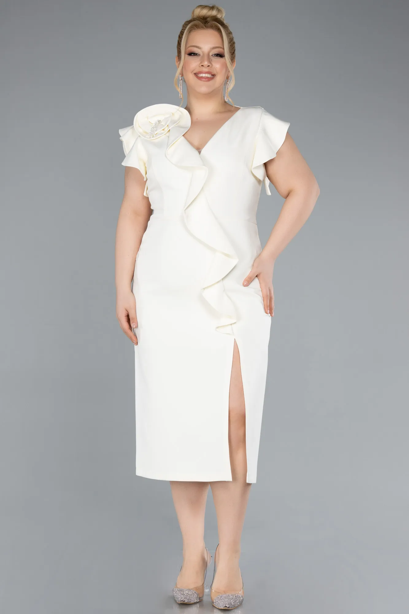 Cream-Slit Midi Plus Size Invitation Dress ABK2278