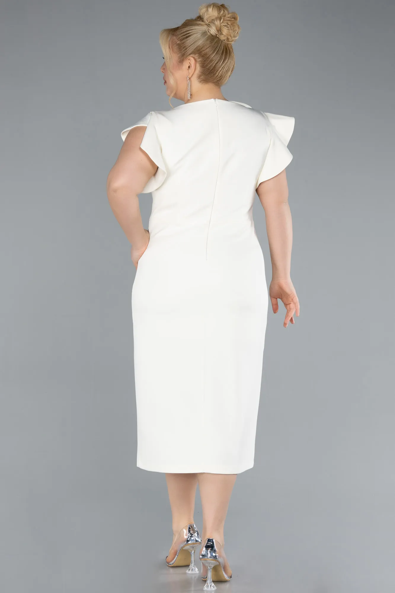 Cream-Slit Midi Plus Size Invitation Dress ABK2278