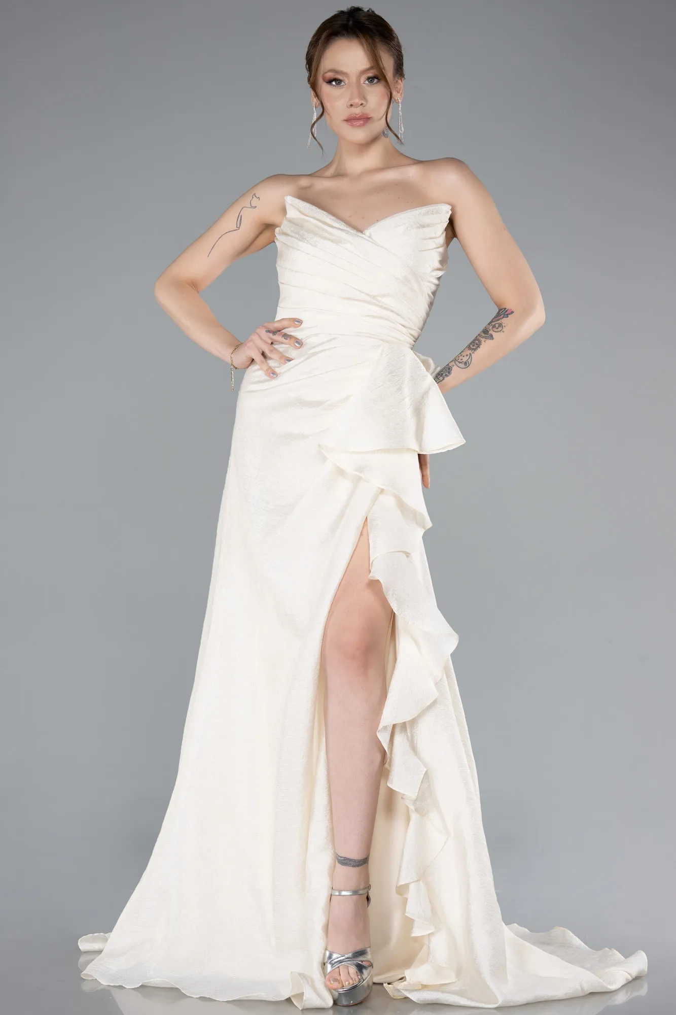 Cream-Strapless Slit Long Prom Dress ABU4784