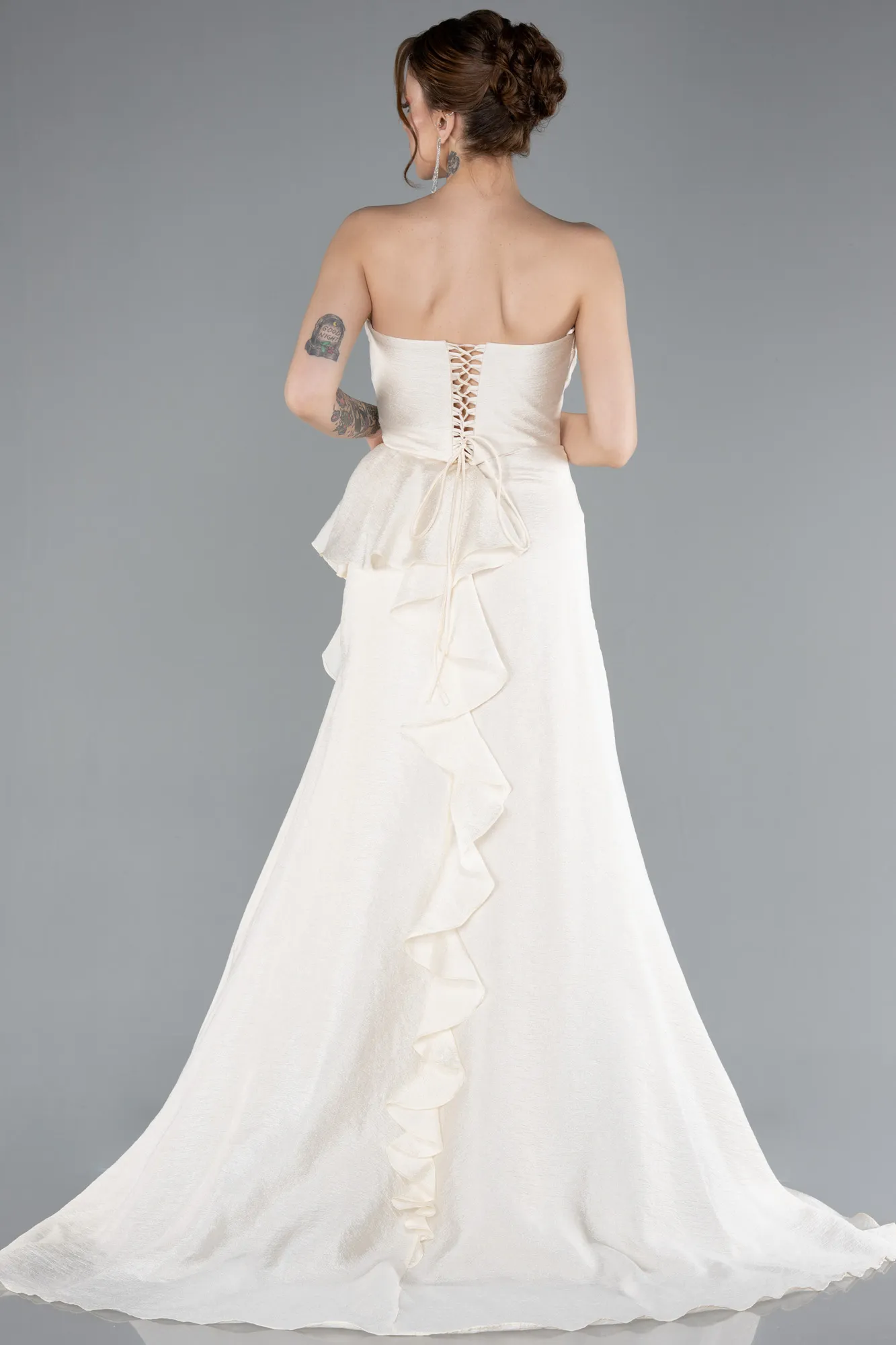 Cream-Strapless Slit Long Prom Dress ABU4784