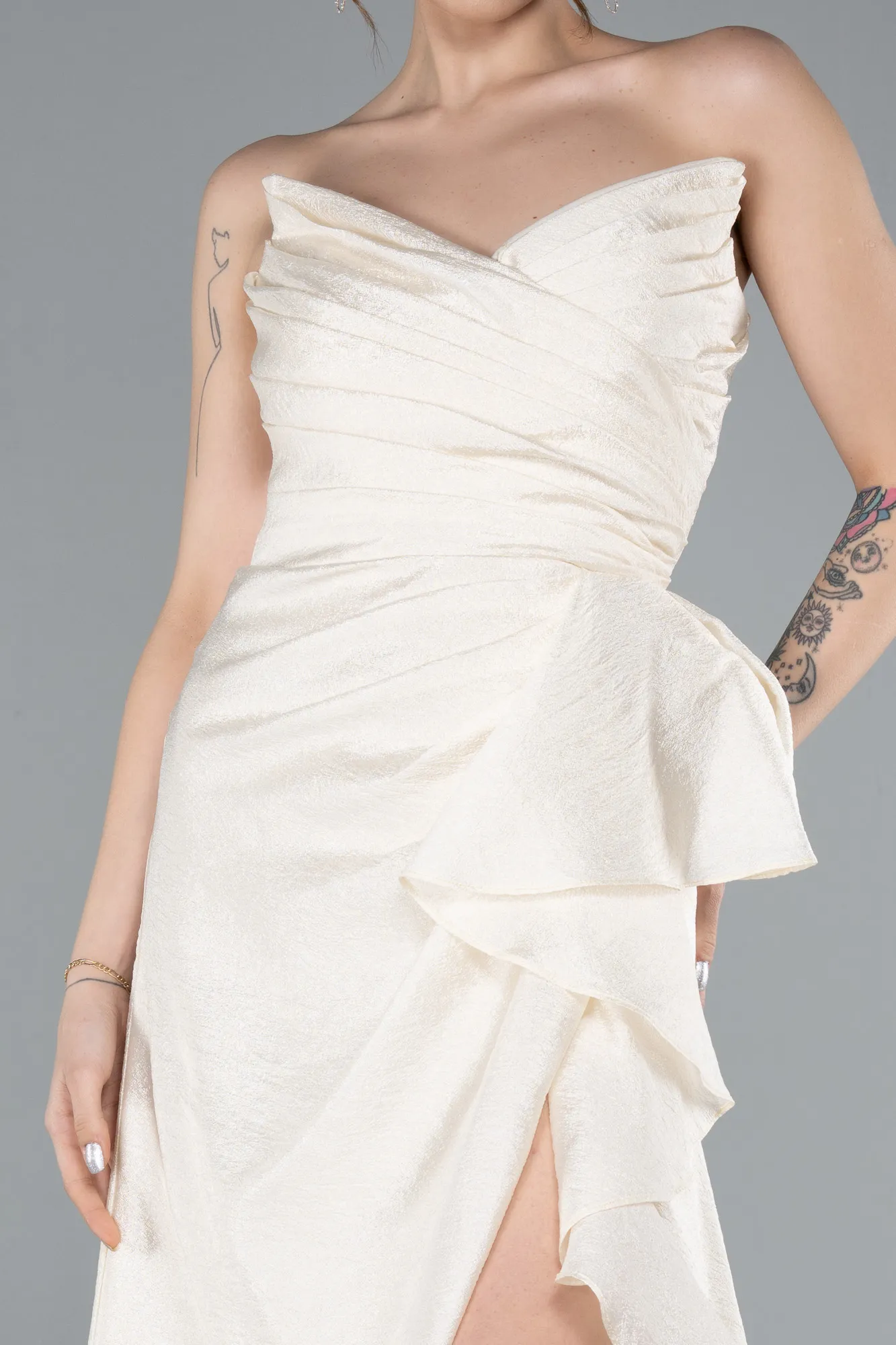 Cream-Strapless Slit Long Prom Dress ABU4784