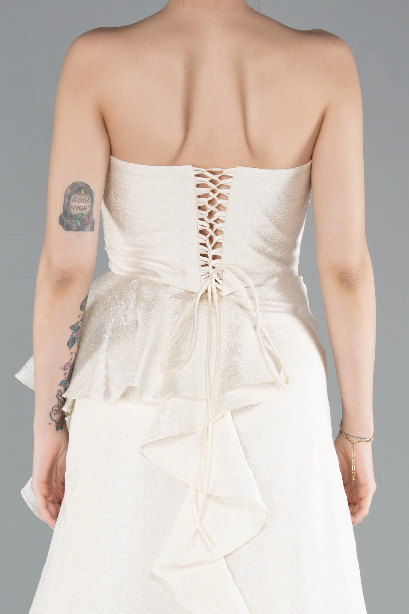 Cream-Strapless Slit Long Prom Dress ABU4784