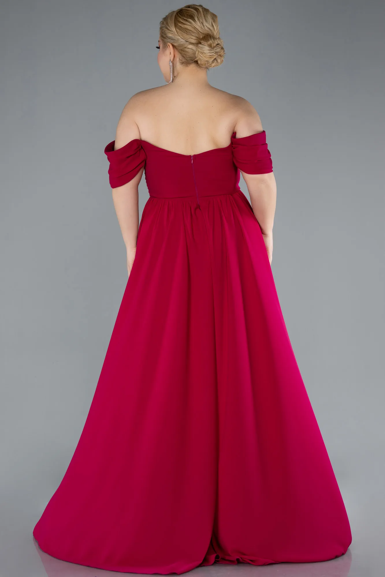 Dark Fuchsia-Boat Neck Long Chiffon Plus Size Prom Dress ABU3738