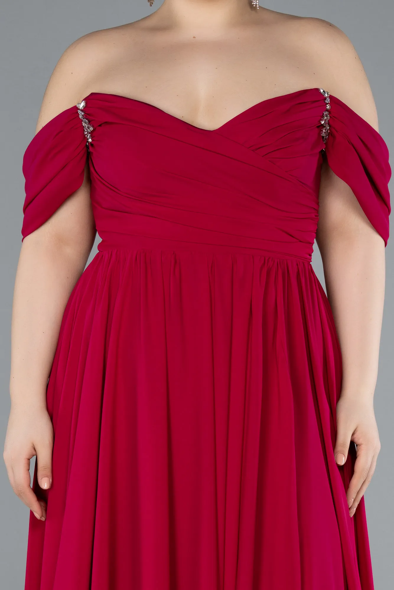 Dark Fuchsia-Boat Neck Long Chiffon Plus Size Prom Dress ABU3738