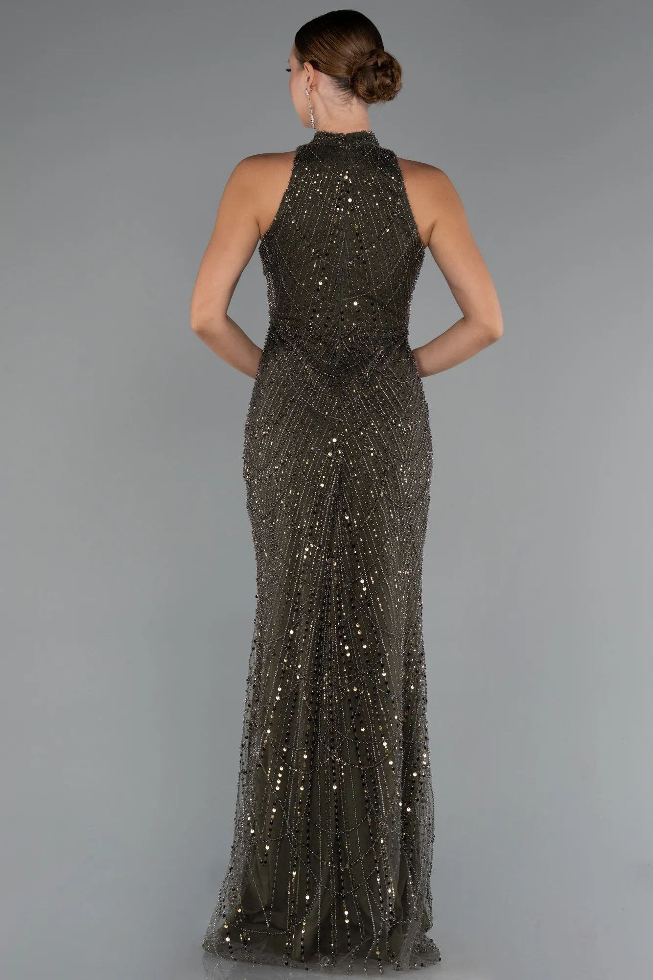 Dark Khaki-Halter Neck Long Beaded Mermaid Evening Gown ABU4791
