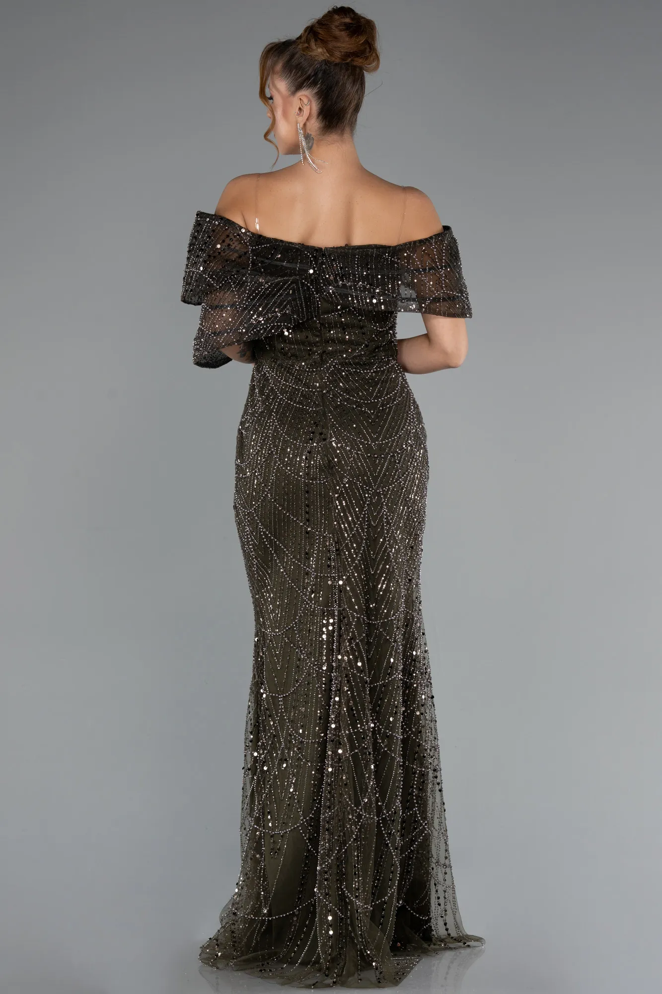Dark Khaki-Long Beaded Evening Dress ABU5371