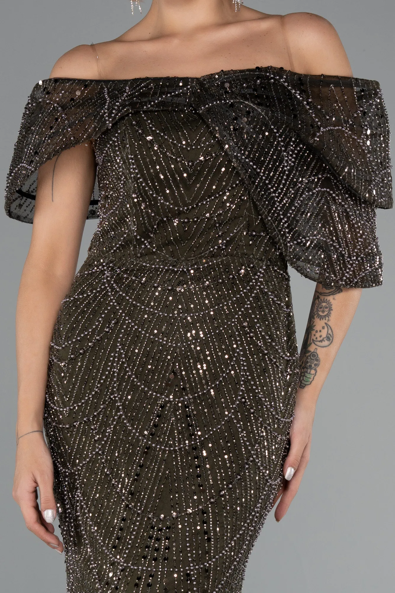 Dark Khaki-Long Beaded Evening Dress ABU5371