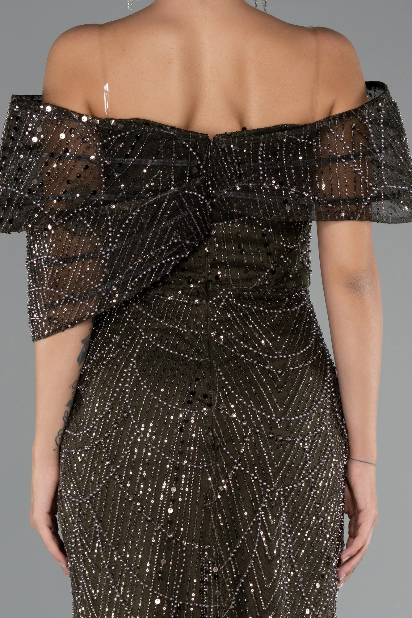 Dark Khaki-Long Beaded Evening Dress ABU5371