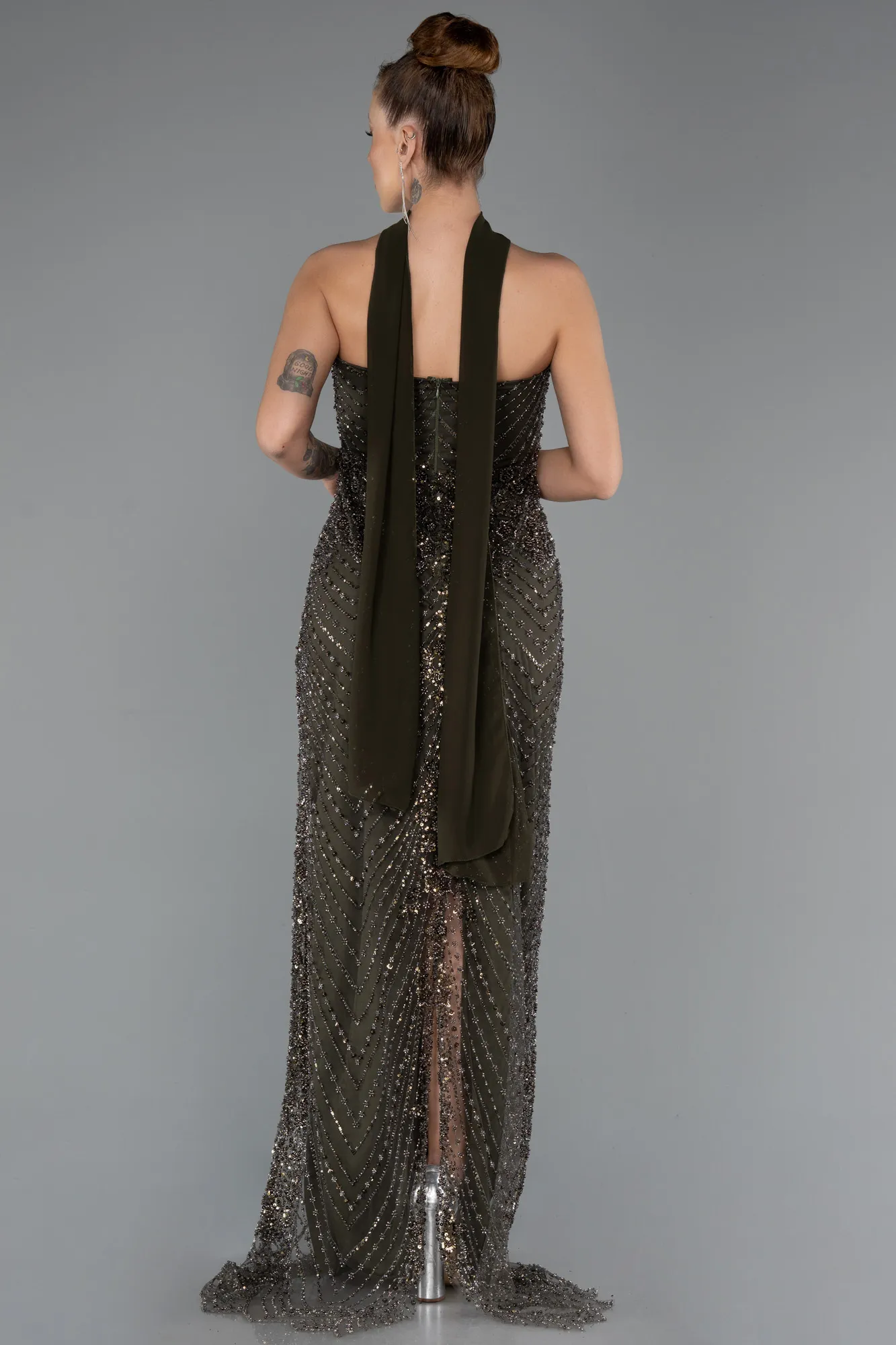 Dark Khaki-Long Beaded Evening Dress ABU5438