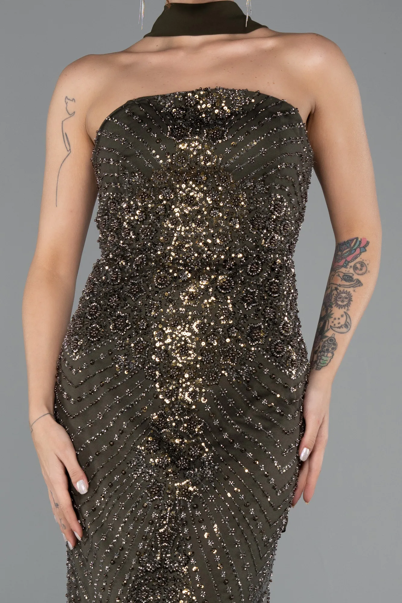 Dark Khaki-Long Beaded Evening Dress ABU5438