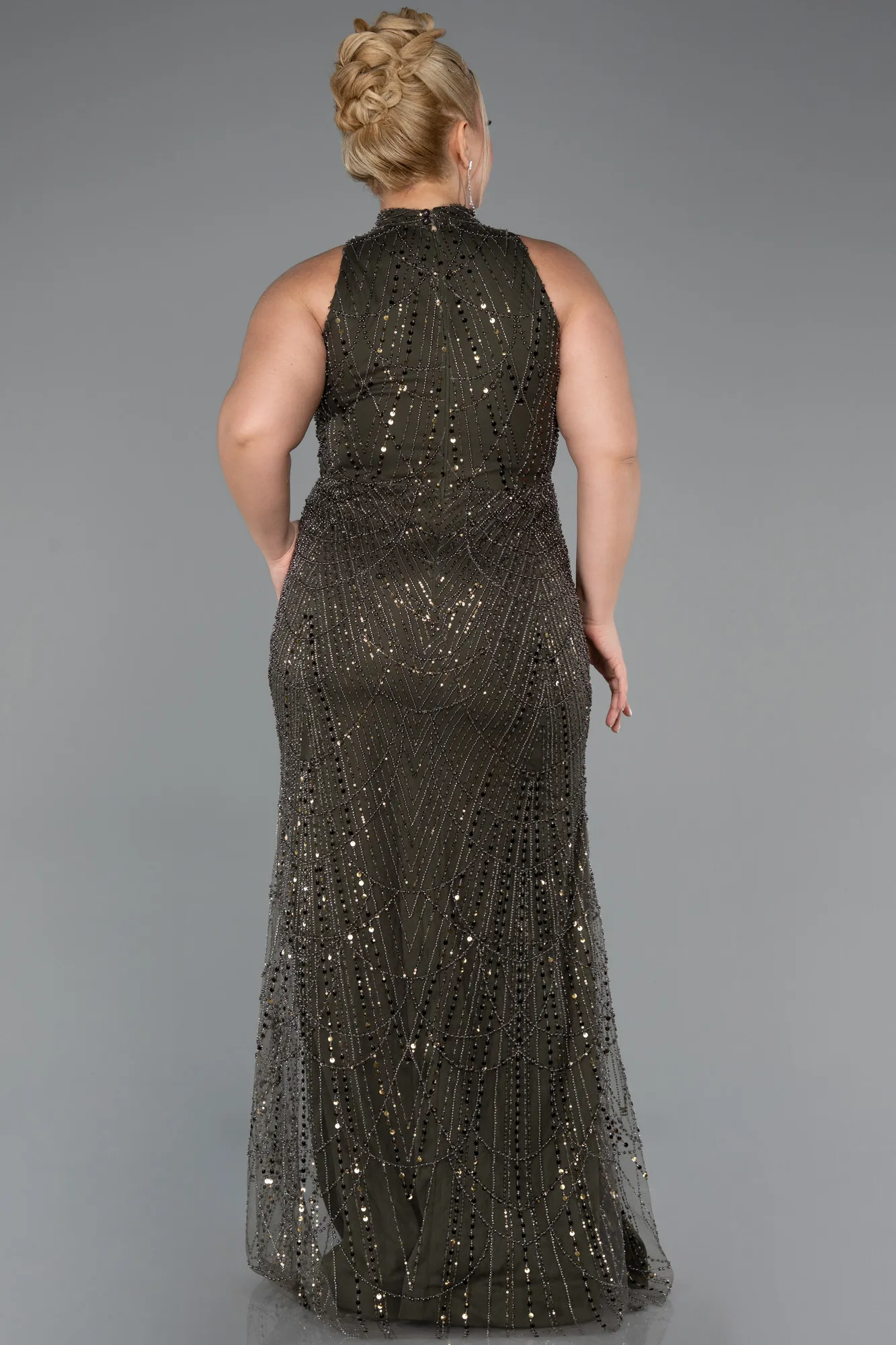 Dark Khaki-Long Beaded Plus Size Evening Dress ABU5063