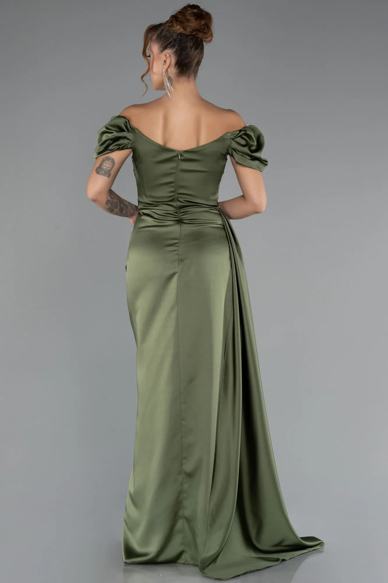 Dark Khaki-Long Satin Engagement Dress ABU1606