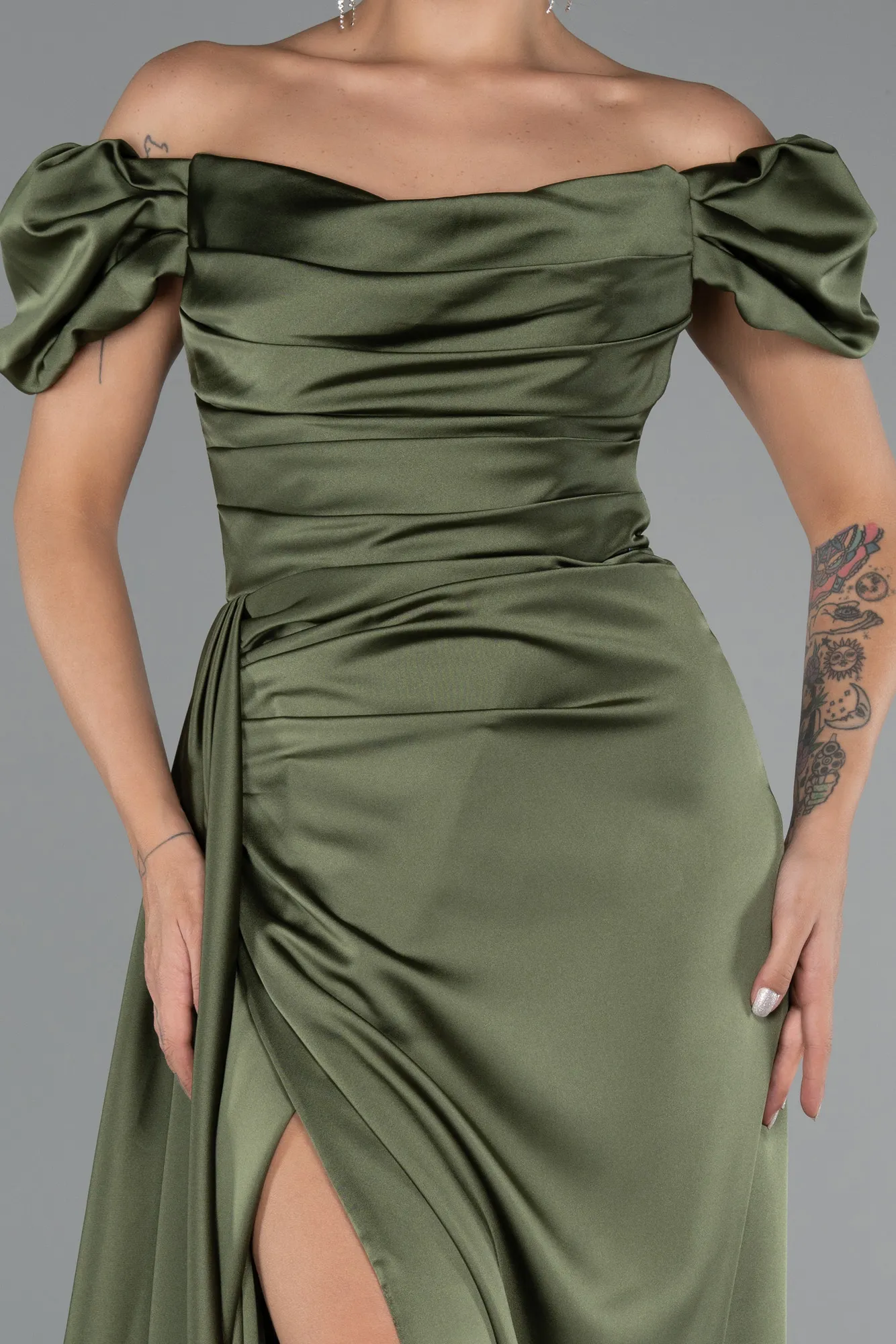 Dark Khaki-Long Satin Engagement Dress ABU1606