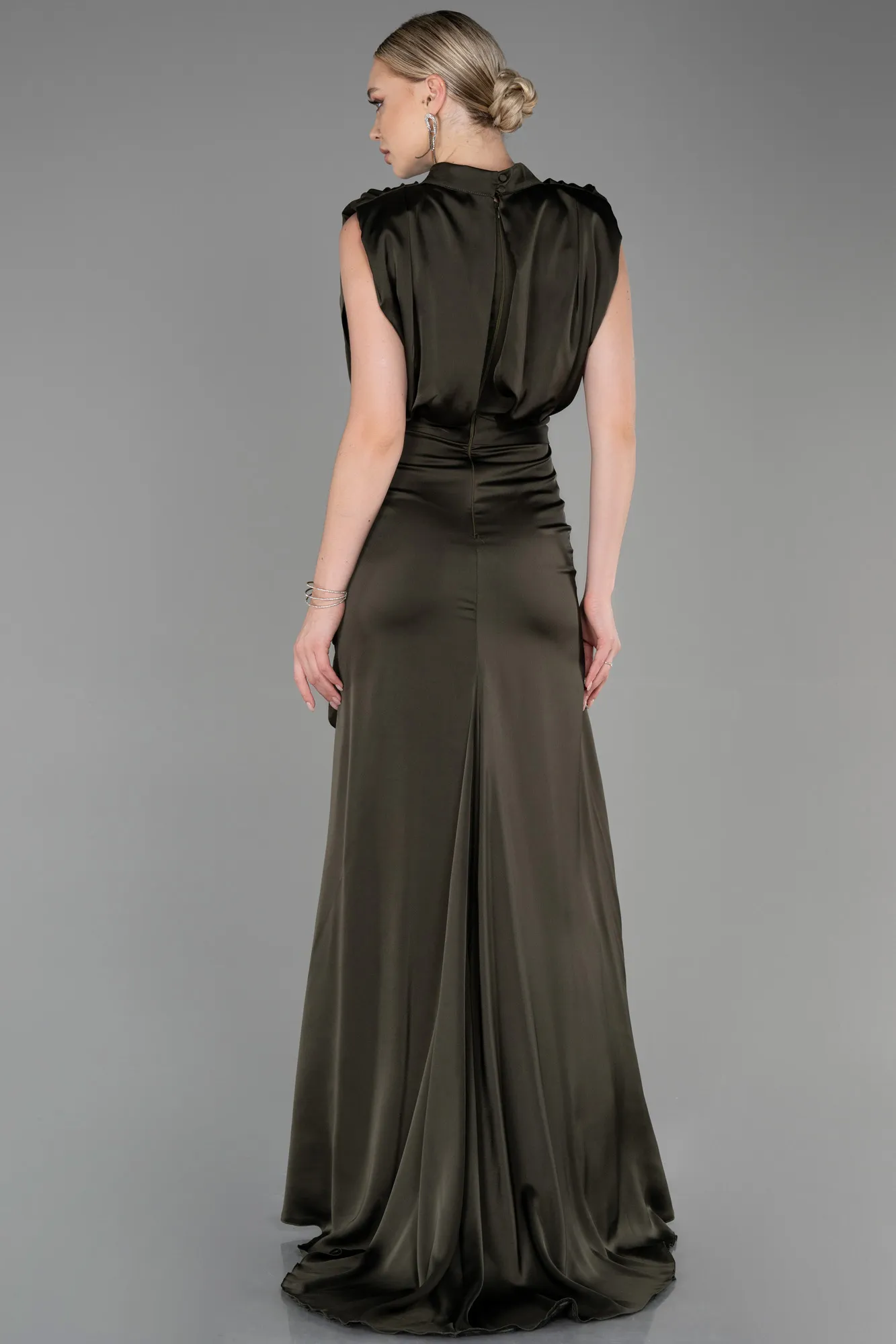 Dark Khaki-Long Satin Evening Dress ABU2133