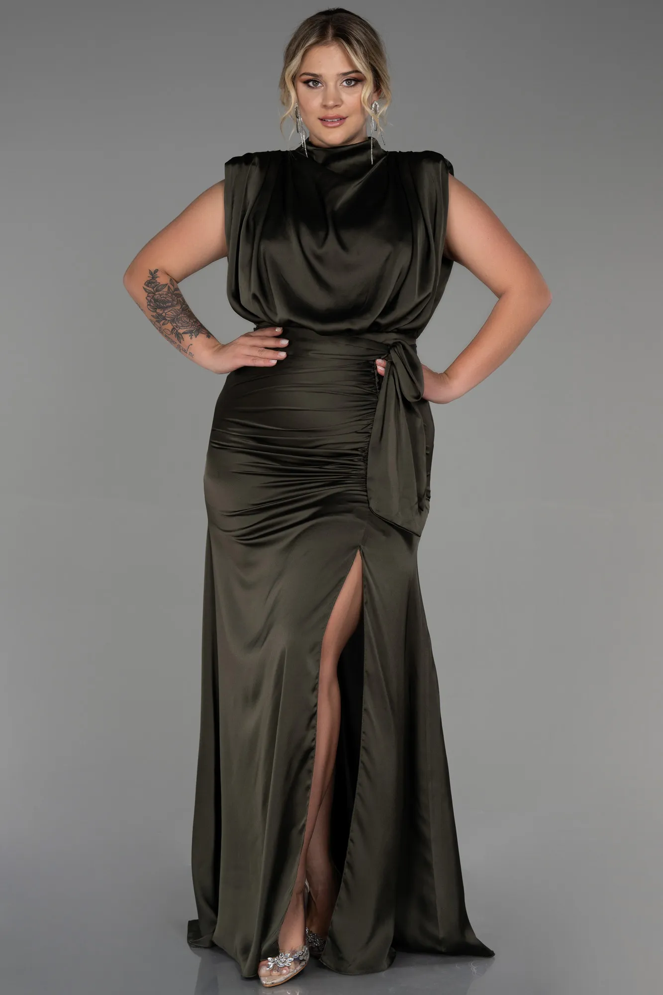 Dark Khaki-Long Satin Plus Size Evening Dress ABU2969