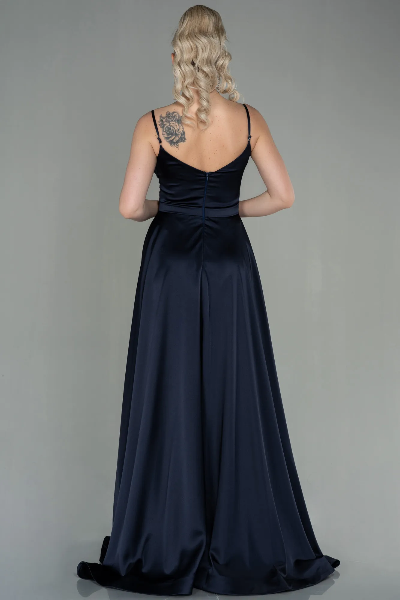 Dark Navy Blue-Long Satin Evening Dress ABU1601