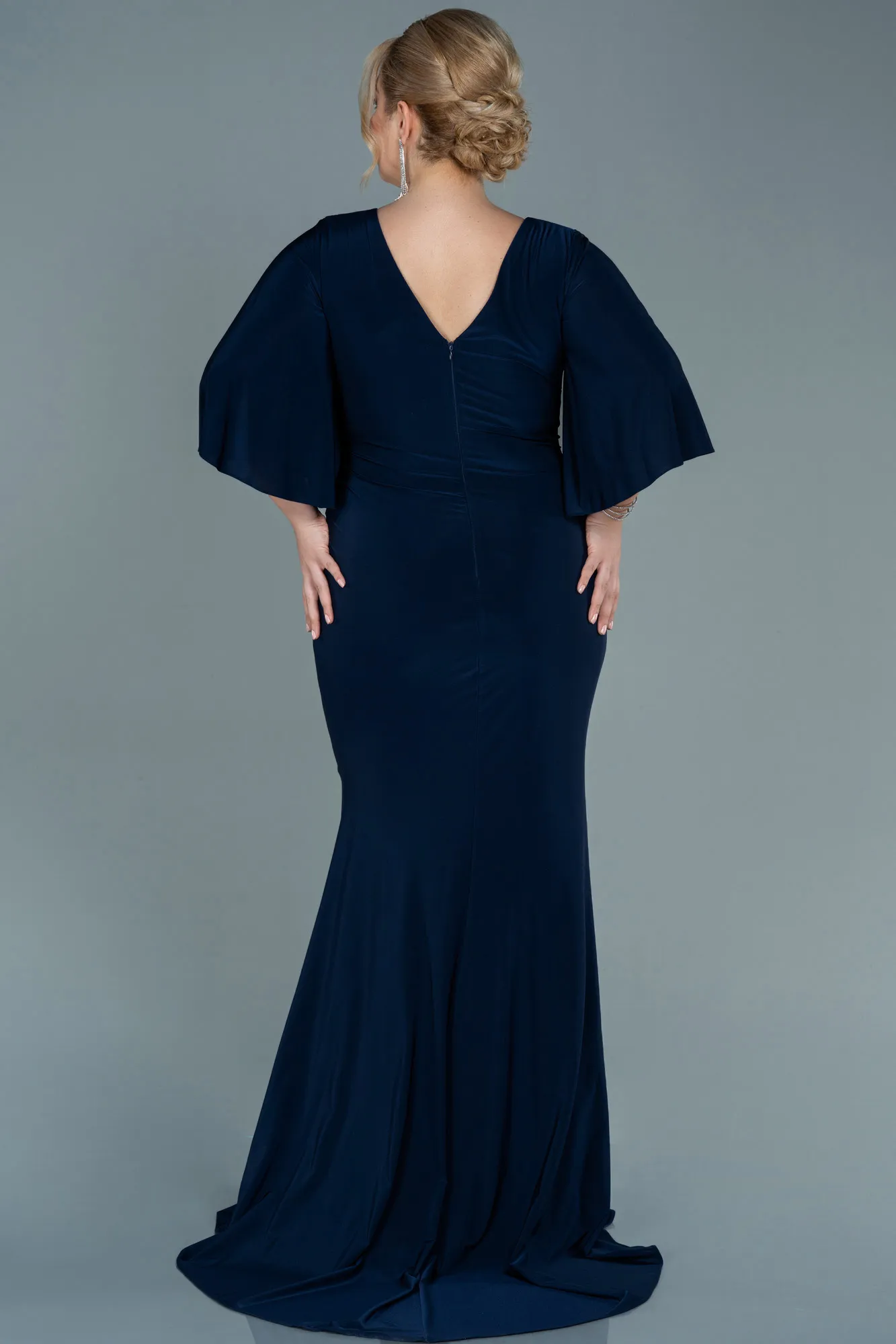 Dark Navy Blue-Long Satin Plus Size Evening Dress ABU2646