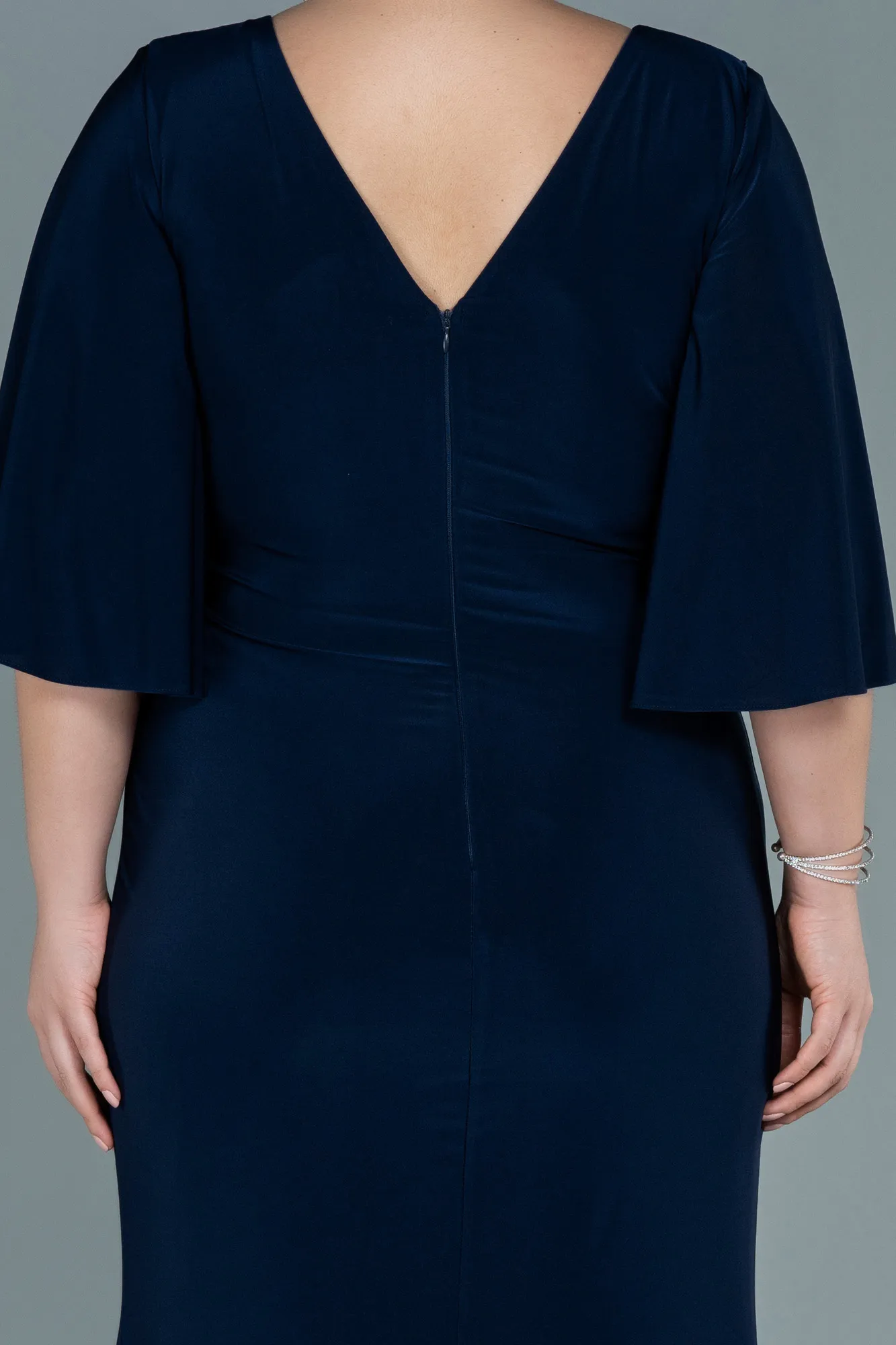 Dark Navy Blue-Long Satin Plus Size Evening Dress ABU2646